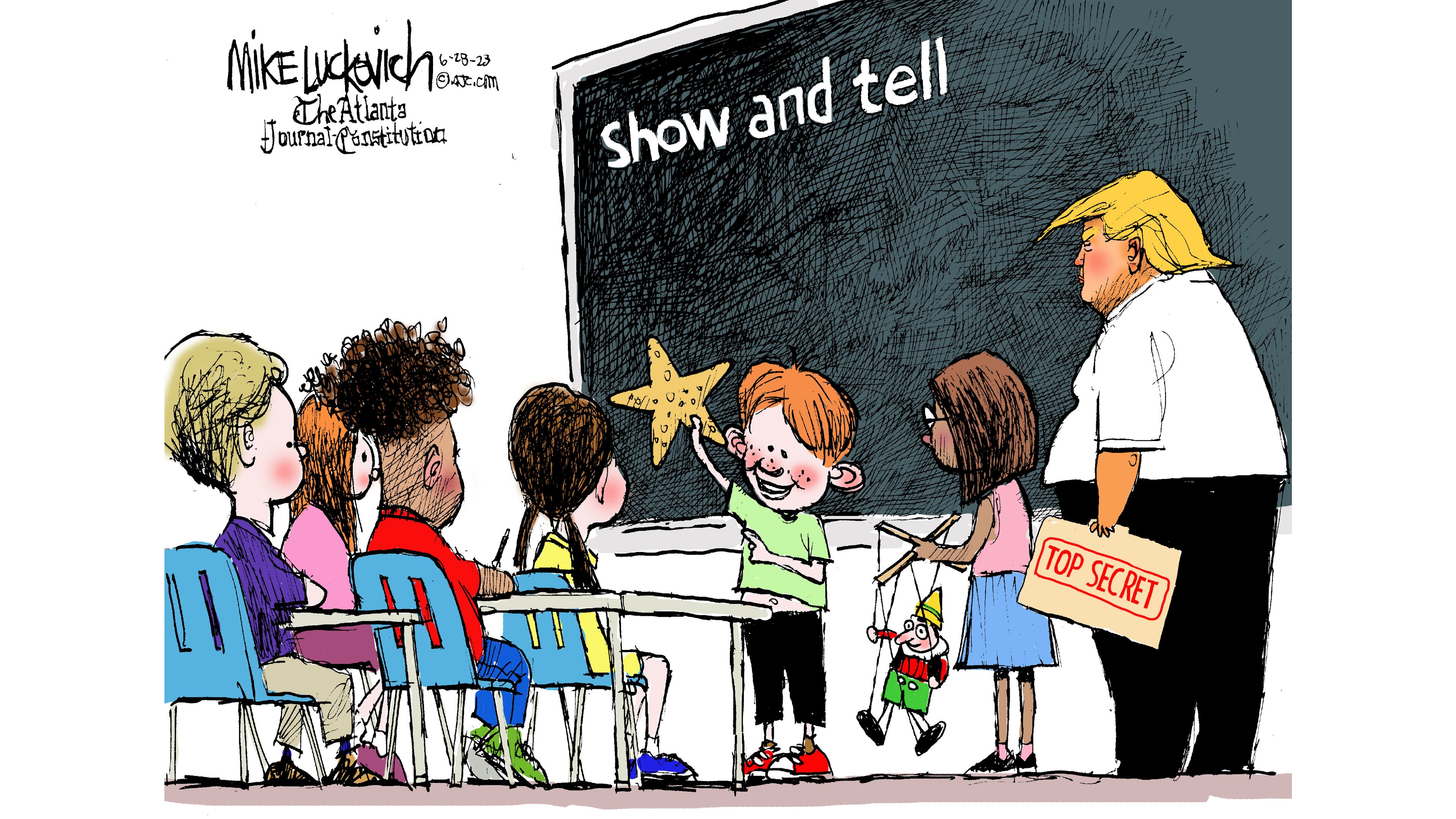 The Atlanta Journal-Constitution’s Pulitzer Prize-winning editorial cartoonist Mike Luckovich shares a behind-the-scenes look with readers about today’s take on the news, drawn in response to news about former Presisdent Donald Trump and his handling of classified documents. Check out his video about the cartoon captioned “Look what I’ve got”