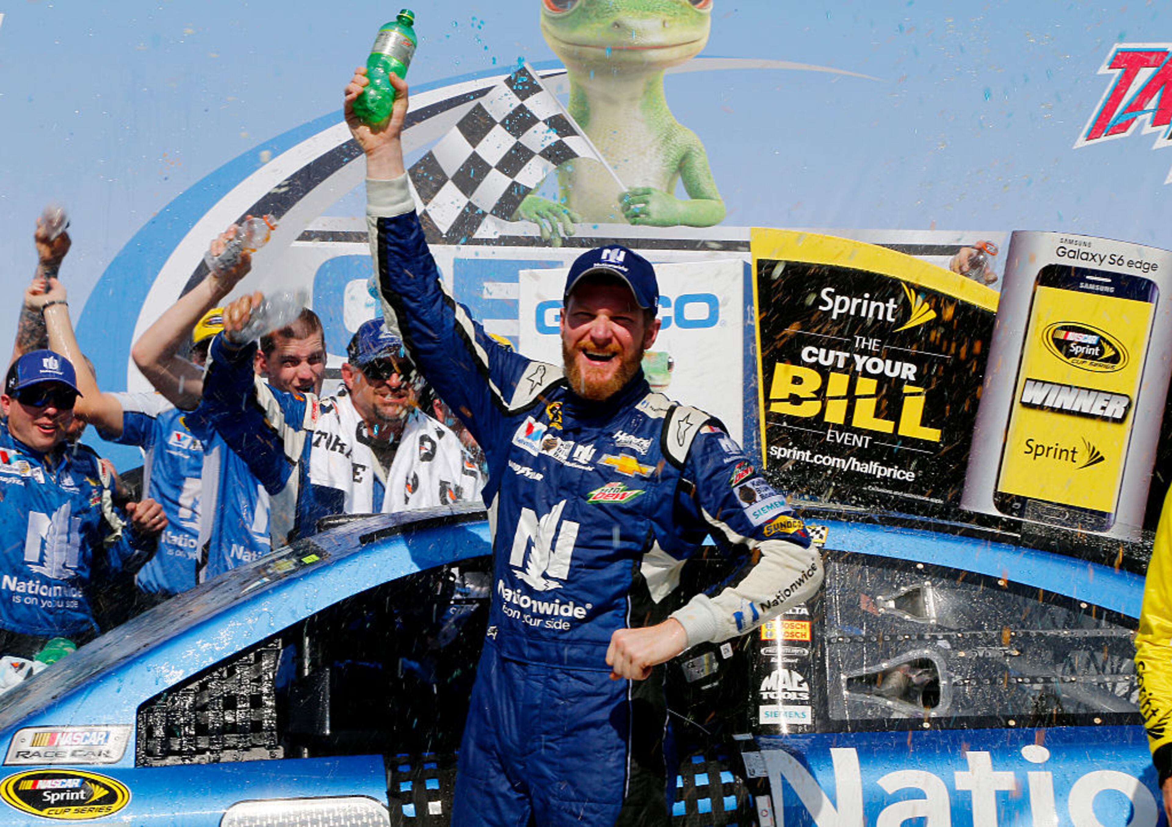 TALLADEGA, AL - MAY 03: Dale Earnhardt Jr., driver of the #88 Nationwide Chevrolet, celebrates in victory lane after winning the NASCAR Sprint Cup Series GEICO 500 at Talladega Superspeedway on May 3, 2015 in Talladega, Alabama. (Photo by Jerry Markland/Getty Images)
