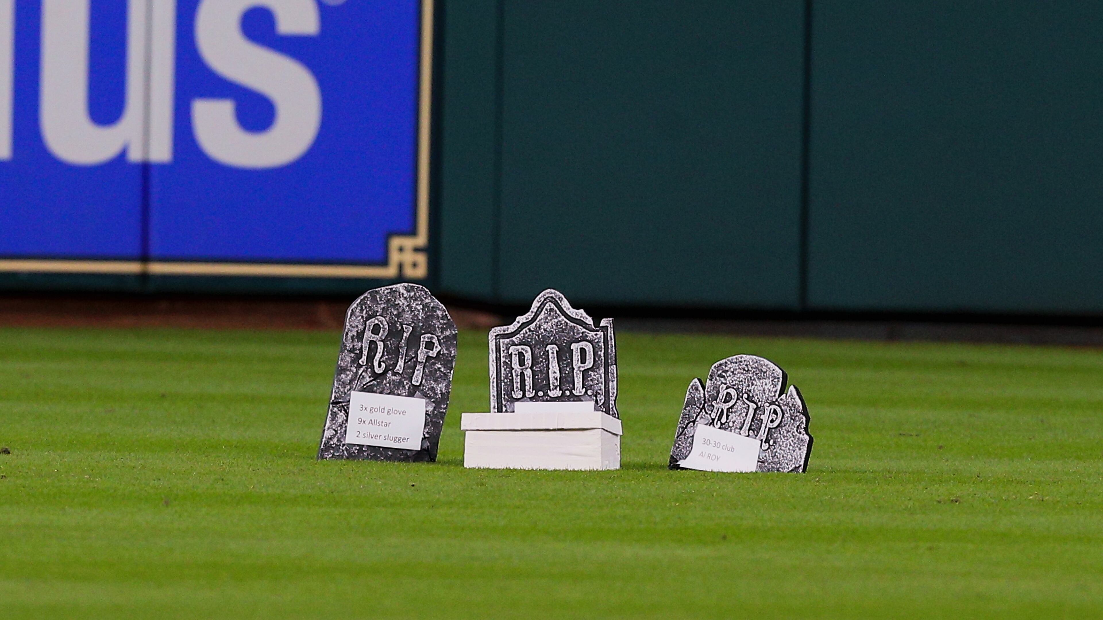HOUSTON, TX - JULY 17: Carlos Beltran #15 of the Houston Astros glove lays in center field after a funeral service was had before batting practice at Minute Maid Park on July 17, 2017 in Houston, Texas. Brian McCann officiated the service as Beltran has not played the outfield since May16. (Photo by Bob Levey/Getty Images)