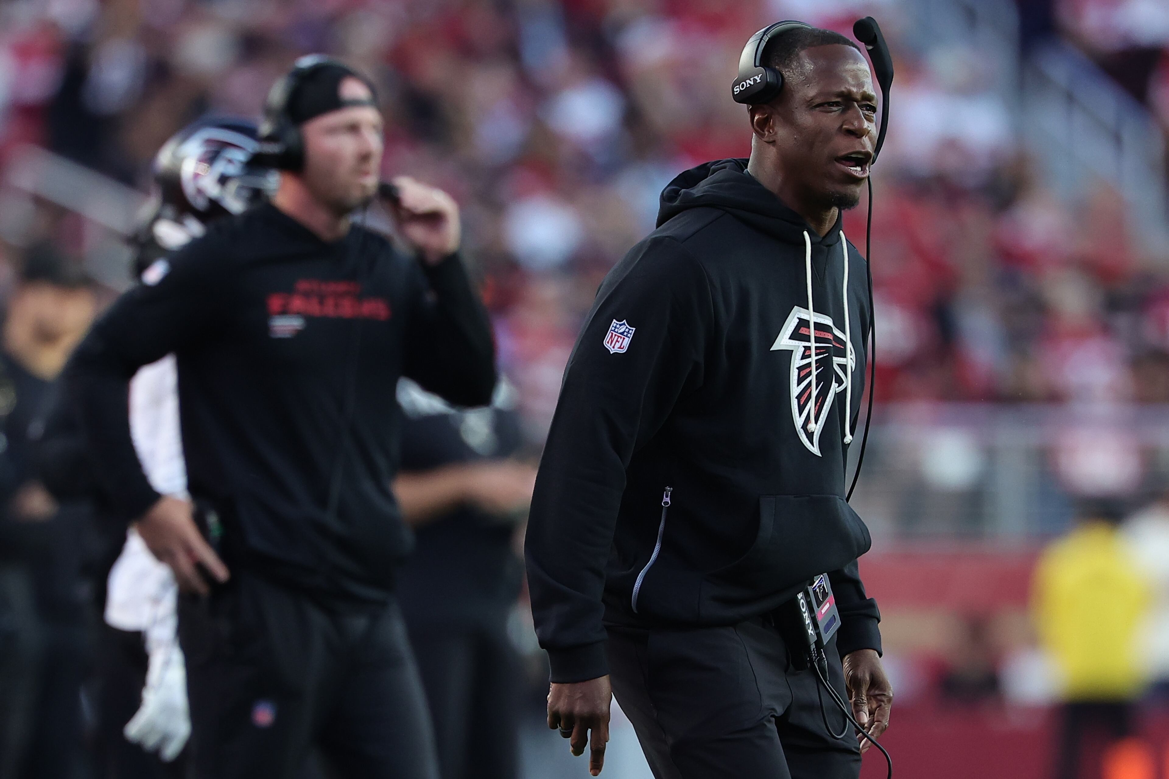 Atlanta Falcons head coach Raheem Morris speaks from the sidelines during the first half against the San Francisco 49ers on Sunday, Oct. 19, 2025, in Santa Clara, Calif. (Kelley L Cox/AP)