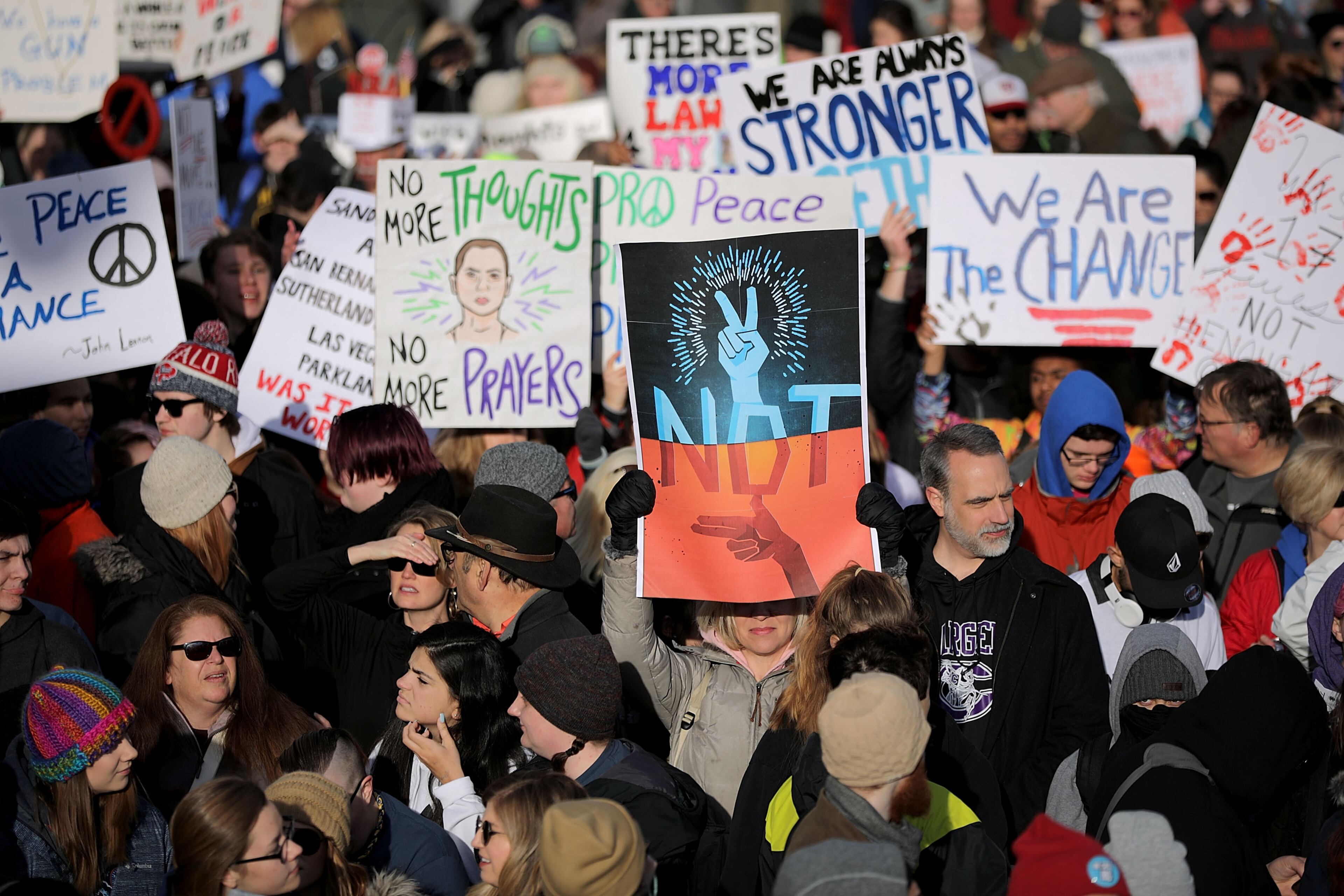 WASHINGTON, DC - MARCH 24: Protesters gather for the March for Our Lives rally along Pennsylvania Avenue March 24, 2018 in Washington, DC. Hundreds of thousands of demonstrators, including students, teachers and parents gathered in Washington for the anti-gun violence rally organized by survivors of the Marjory Stoneman Douglas High School school shooting on February 14 that left 17 dead and 17 others wounded. More than 800 related events are taking place around the world to call for legislative action to address school safety and gun violence. (Photo by Chip Somodevilla/Getty Images)