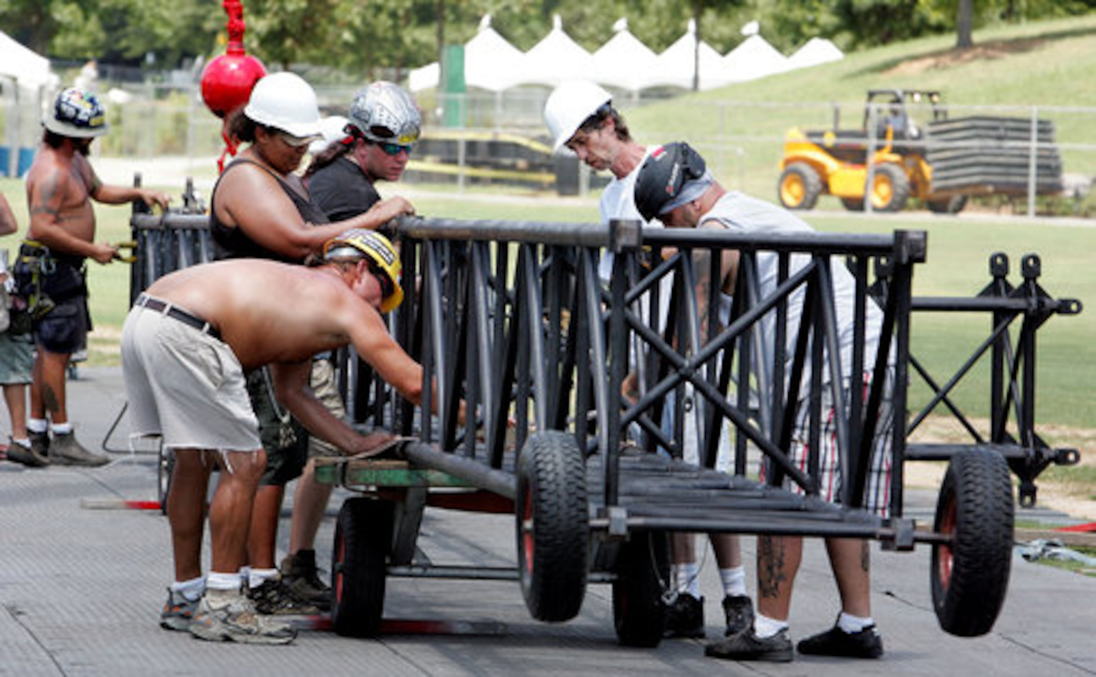 Crew continued to work on Tuesday. All concert goers are encouraged to take MARTA or ride a bike. No coolers, food or drinks will be permitted and only blankets will be permitted in.