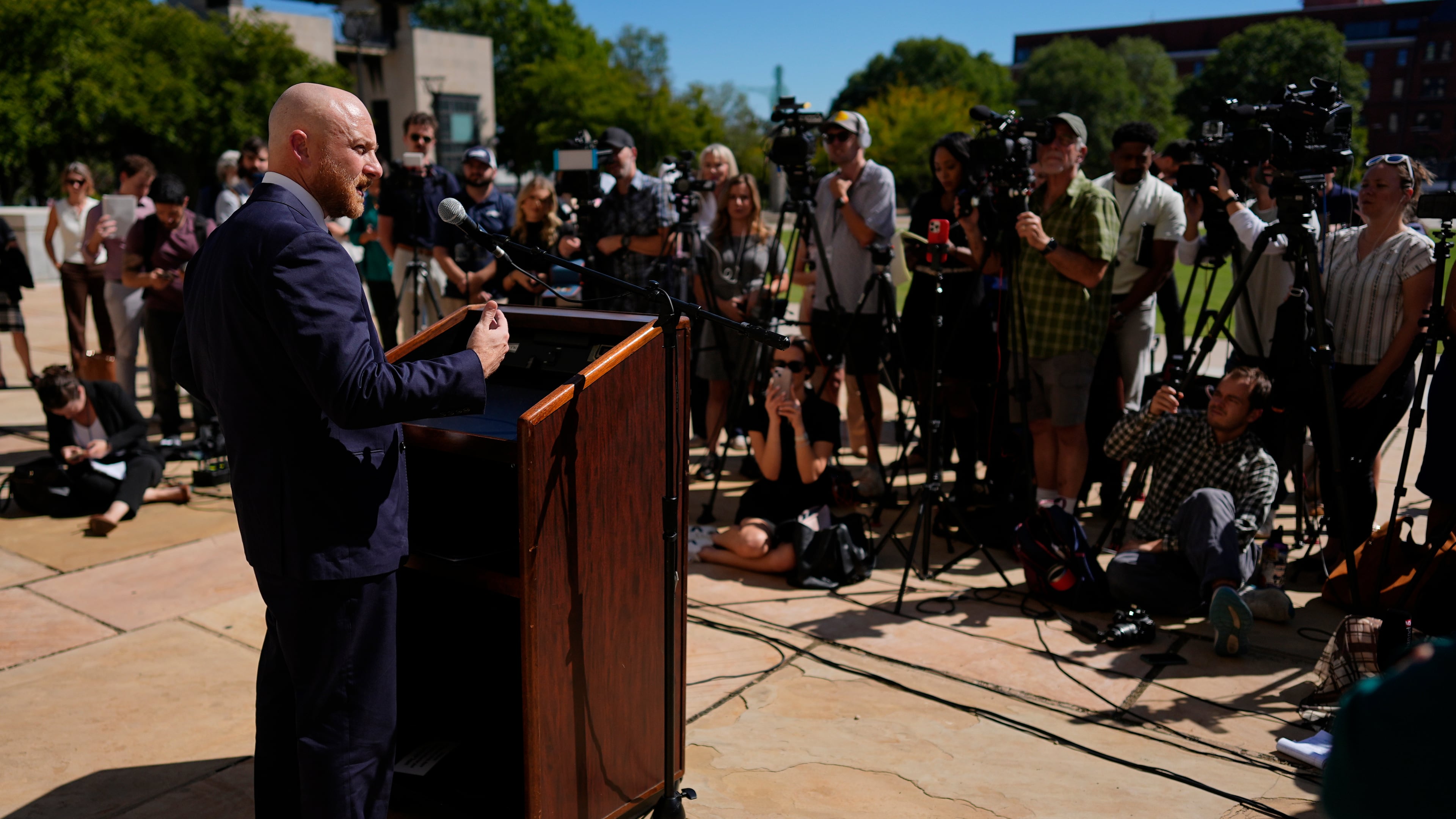 Luke Ihnen, attorney for Christa Pike, speaks during a news conference after a judge ruled the Tennessee Department of Corrections must preserve all evidence related to the failed execution of Pike, Wednesday, Oct. 7, 2026, in Nashville, Tenn. (AP Photo/George Walker IV)