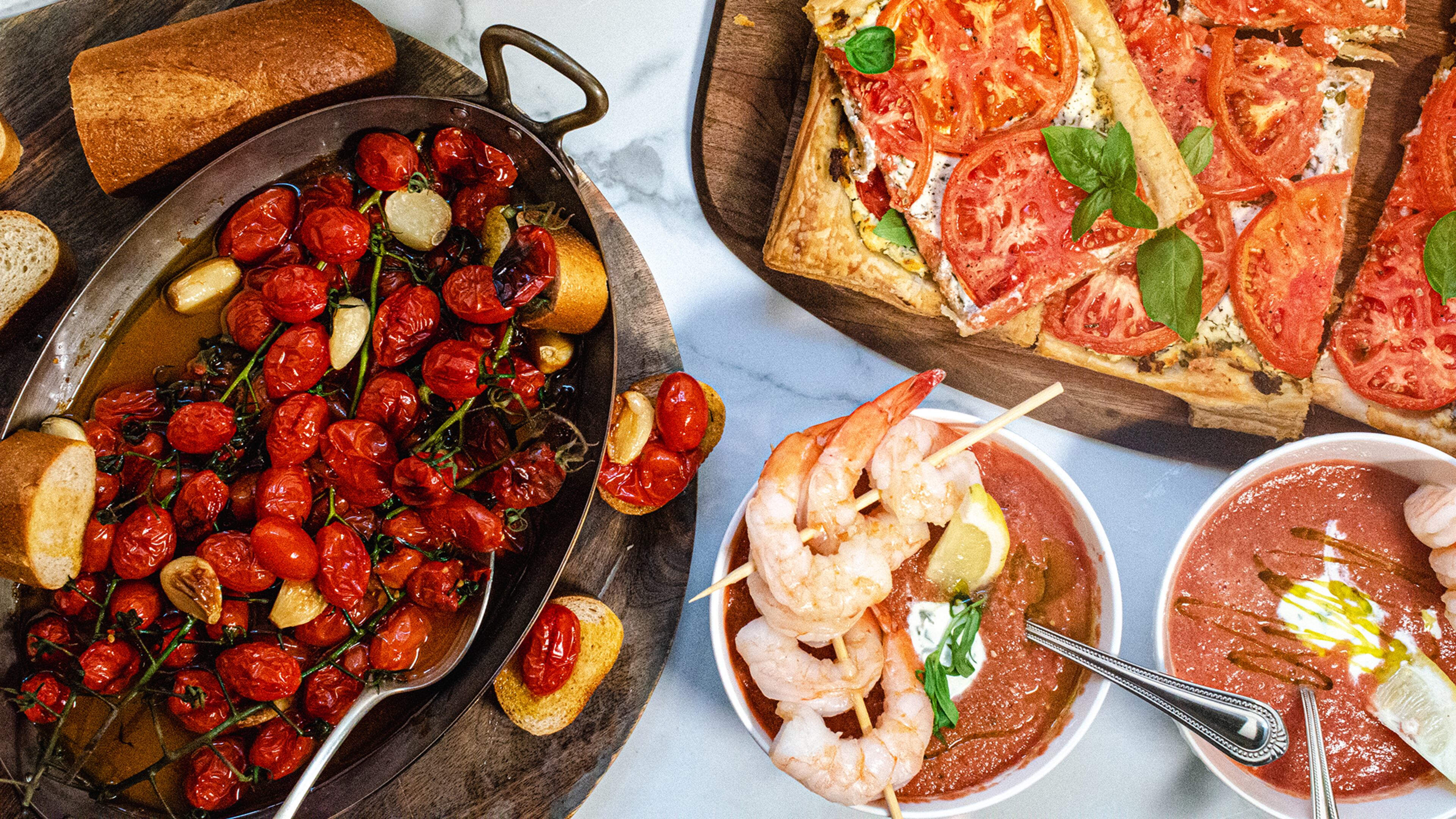 Slow Roasted Cherry Tomato Confit (left), Tomato and Chevre Tart (upper right) and Gazpacho with Chilled Shrimp and Tarragon Creme Fraiche (lower right) highlight one of the stars of summer produce. (Virginia Willis for The Atlanta Journal-Constitution)