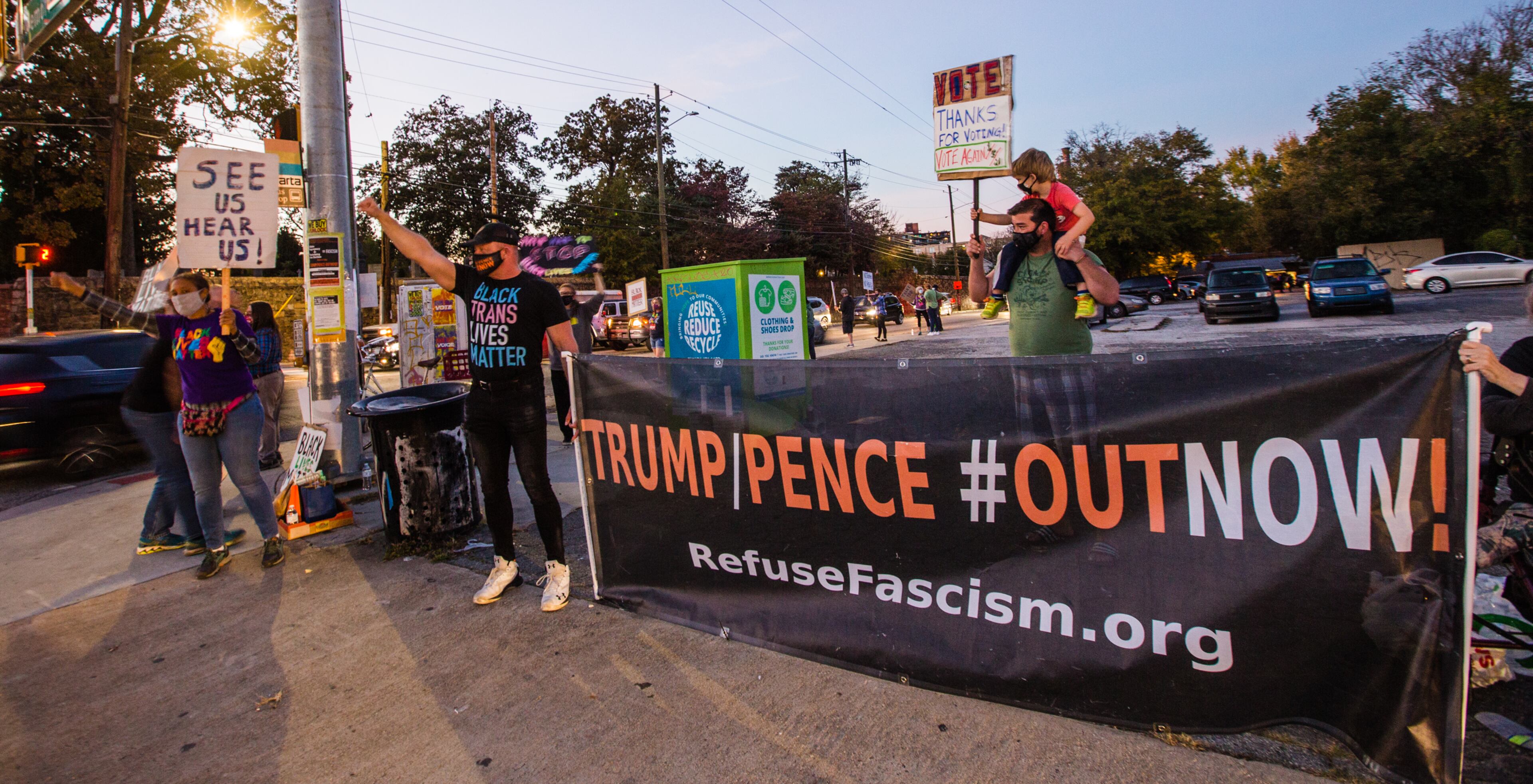 Refuse Facism organizes and shows up for another evening of demonstrations at the corner of Memorial Drive and Boulevard on Friday, Nov 6, 2020. The group of mainly Cabbagetown residents, have demonstrated nightly since the election and every week night since June 4. (Jenni Girtman for The Atlanta Journal-Constitution)