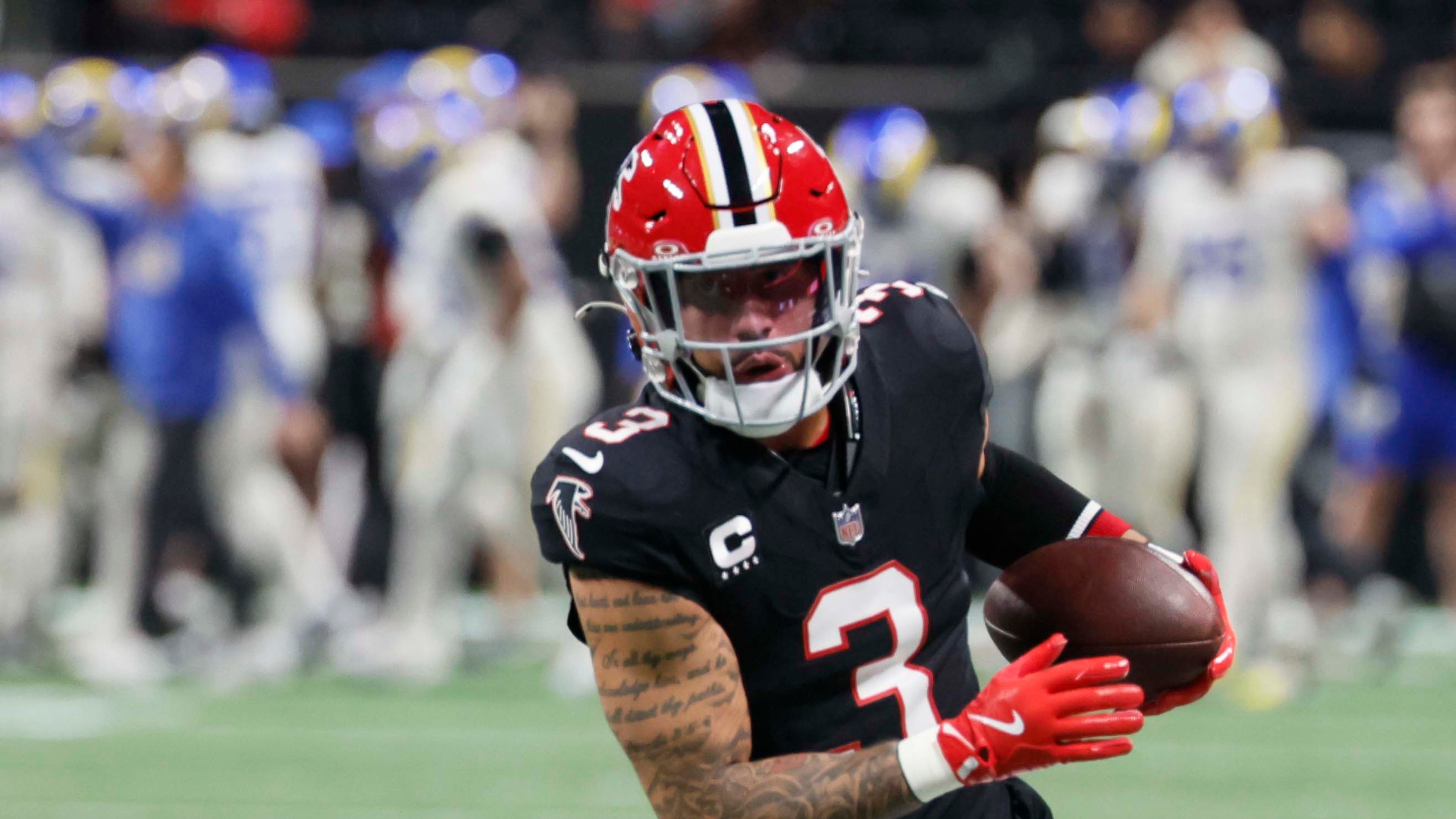 Falcons safety Jessie Bates III — pictured warming up before the game against the Rams in December — has 13 interceptions, three pick-6s and a pair of All-Pro nods over the last three seasons. (Miguel Martinez/AJC 2025)