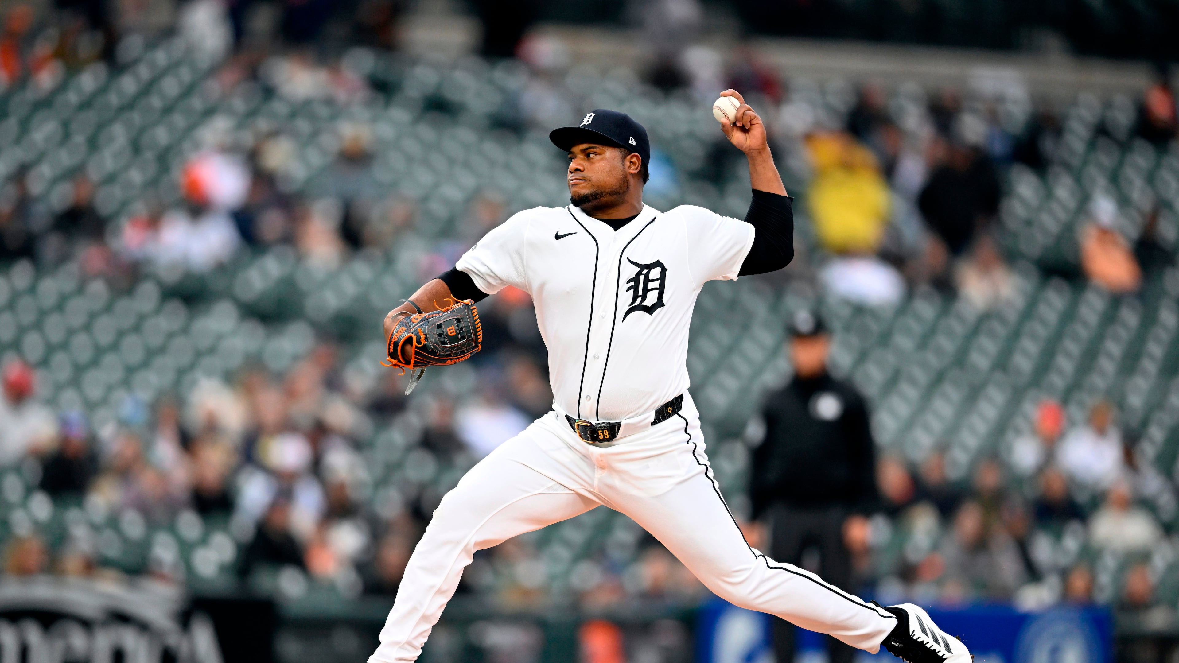 Detroit Tigers starting pitcher Framber Valdez throws during the first inning of a baseball game against the Boston Red Sox, Tuesday, May 5, 2026, in Detroit. (AP Photo/Jose Juarez)