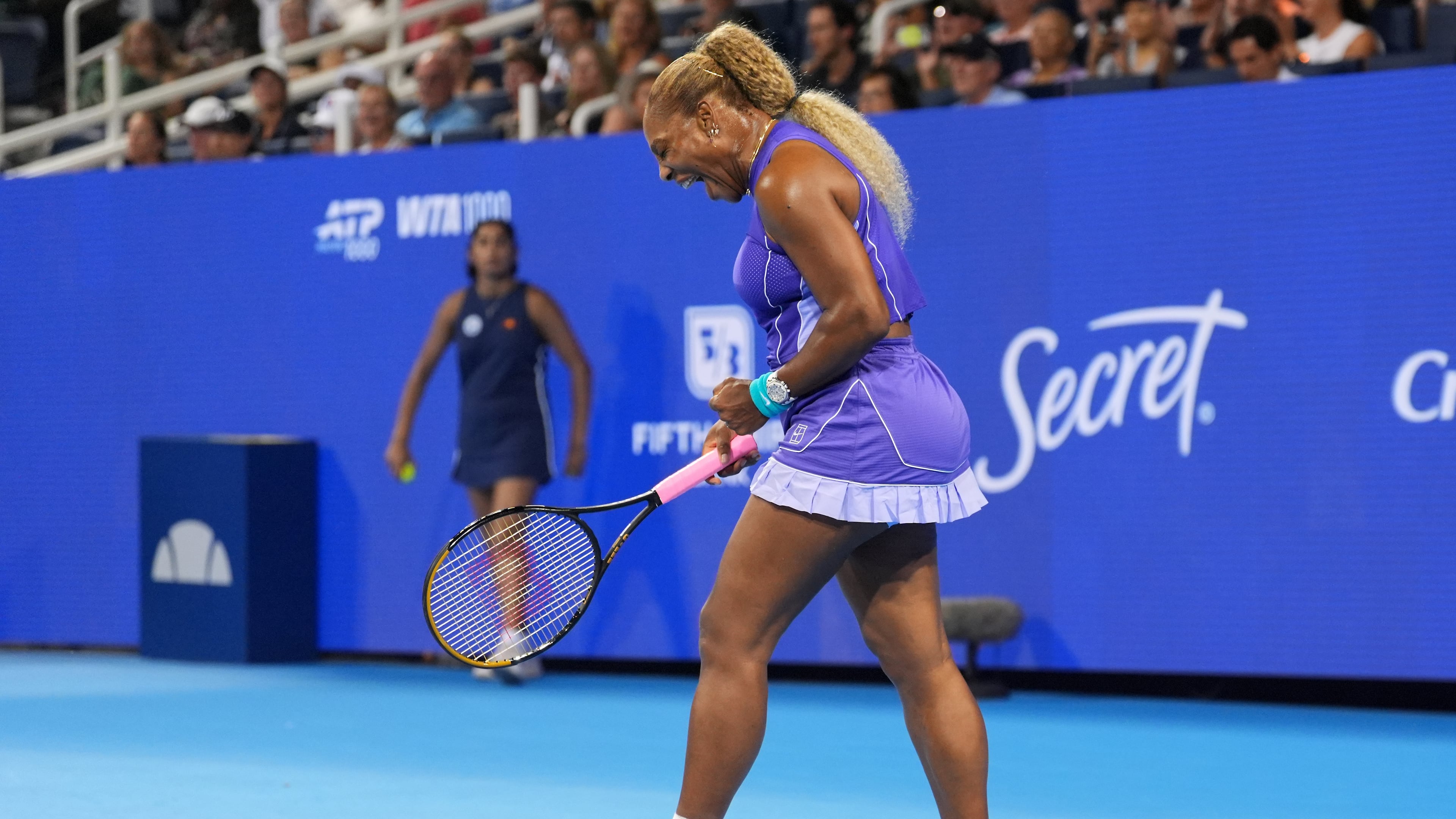 Serena Williams, of the United States, reacts to a winning point during a women's doubles match against Marta Kostyuk, of Ukraine, and Peyton Stearns, of the United States, at the Cincinnati Open tennis tournament, Monday, Aug. 17, 2026, in Mason, Ohio. (AP Photo/Kareem Elgazzar)