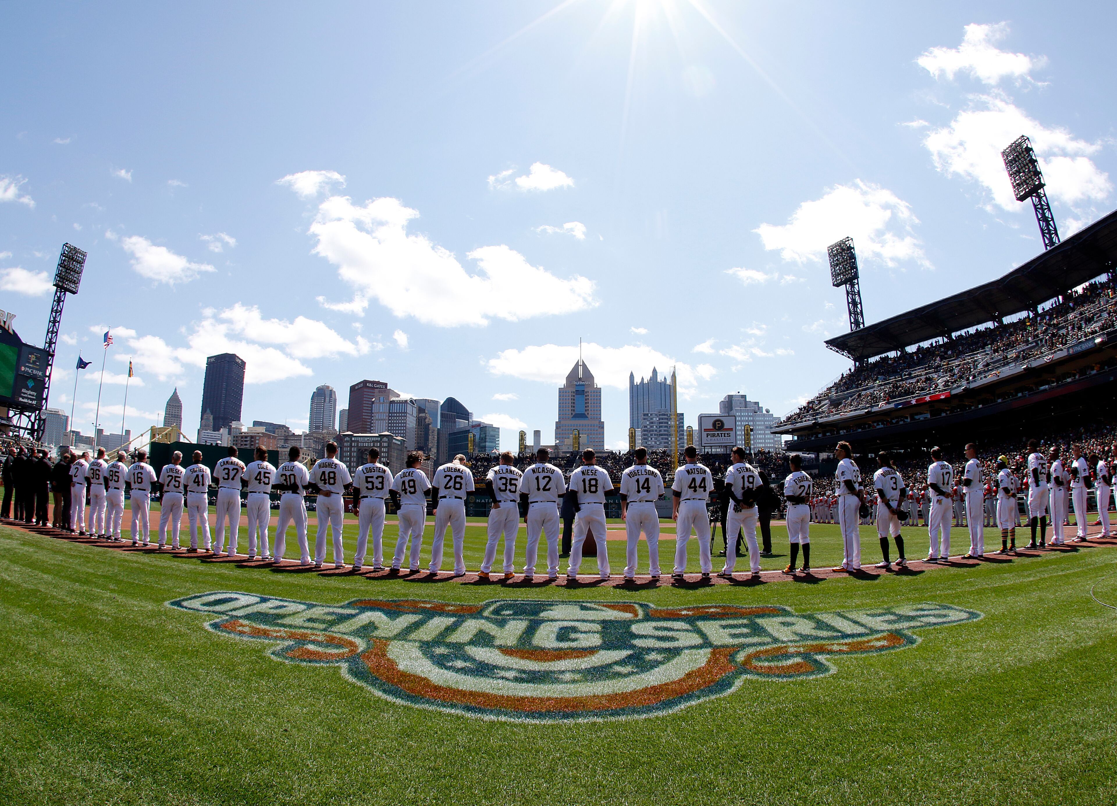 PITTSBURGH, PA - APRIL 03: The Pittsburgh Pirates stand during the national anthem during opening day against the St. Louis Cardinals at PNC Park on April 3, 2016 in Pittsburgh, Pennsylvania. (Photo by Justin K. Aller/Getty Images)