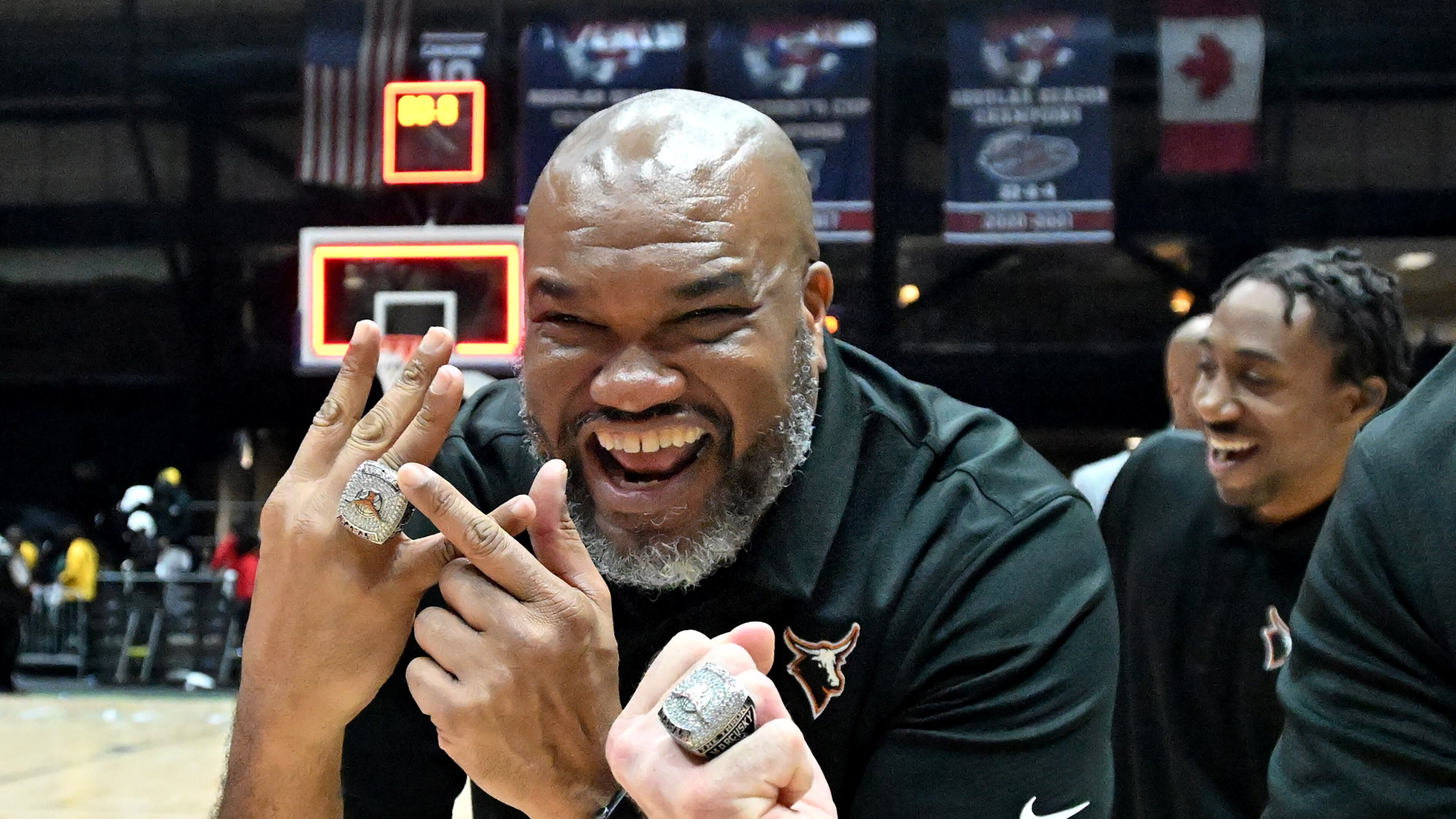 Kell’s head coach Jermaine Sellers shows off his championship ring as he celebrates back-to-back championship victory during GHSA Basketball Class 5A Boy’s State Championship game at the Macon Centreplex, Thursday, Mar. 7, 2024, in Macon. Kell won 62-51 over Eagle’s Landing. (Hyosub Shin / Hyosub.Shin@ajc.com)