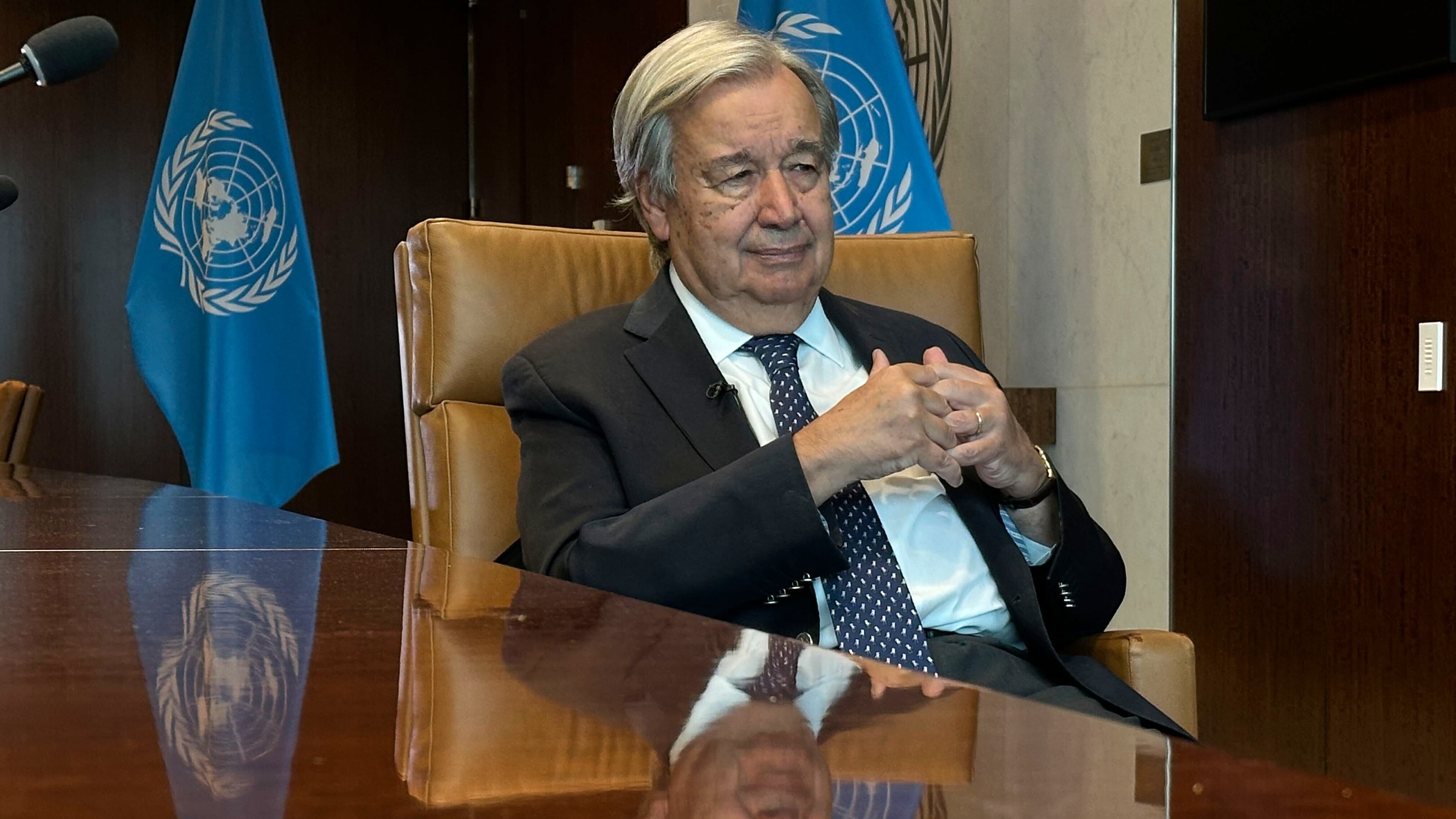 The United Nations Secretary-General Antonio Guterres speaks during an interview with The Associated Press at the United Nations headquarters, Thursday, Sept. 17, 2026. (AP Photo/David R Martin)