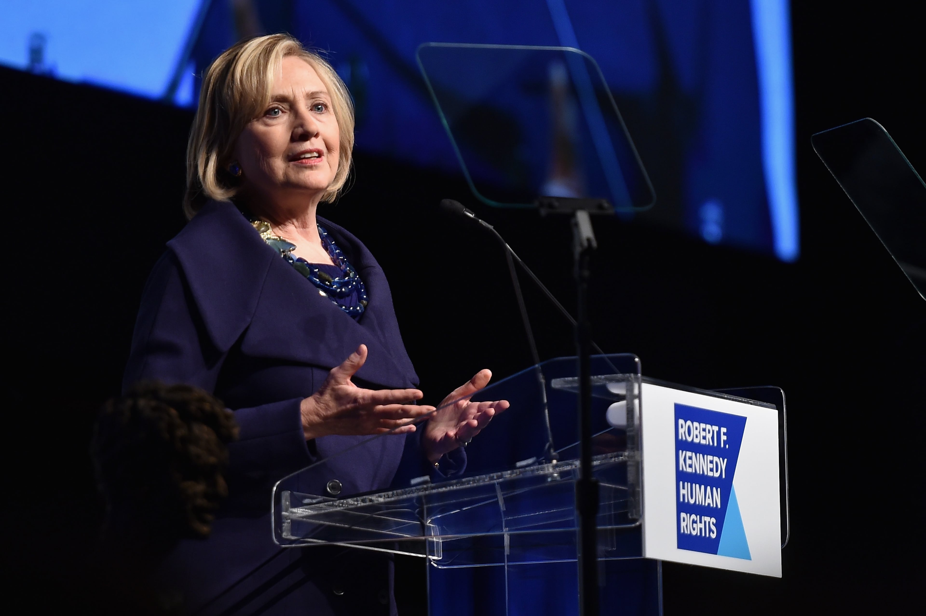 NEW YORK, NY - DECEMBER 16: Honoree Hillary Rodham Clinton speaks onstage at the RFK Ripple Of Hope Gala at Hilton Hotel Midtown on December 16, 2014 in New York City. (Photo by Mike Coppola/Getty Images for RFK Ripple Of Hope)