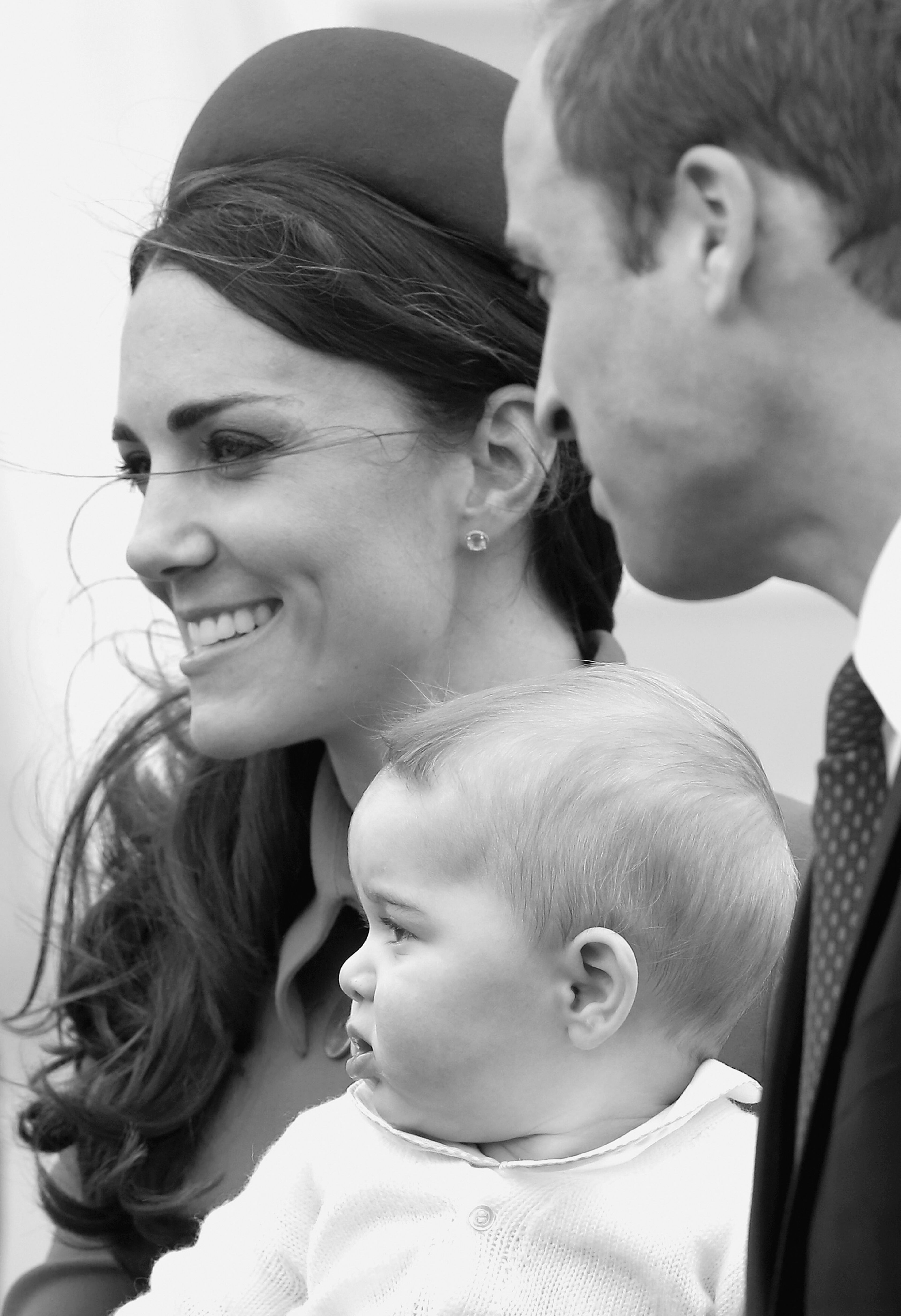 Catherine, Duchess of Cambridge; Prince William, Duke of Cambridge; and Prince George of Cambridge arrive at Wellington Military Terminal on an RNZAF 757 from Sydney on April 7, 2014, in Wellington, New Zealand.