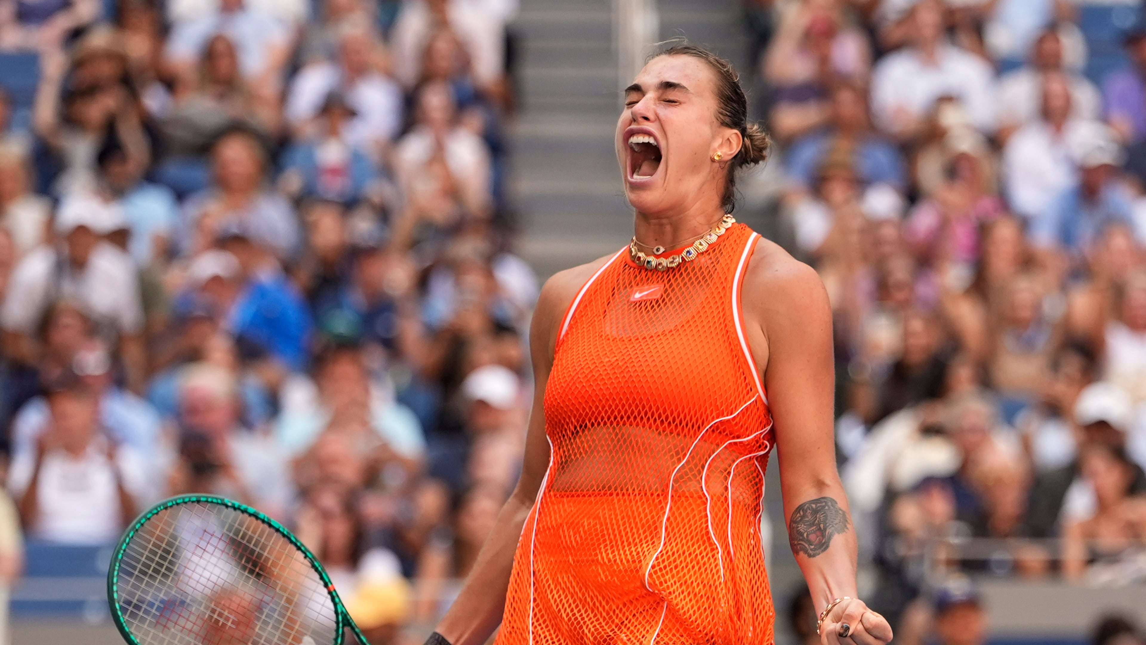 Aryna Sabalenka, of Belarus, celebrates winning a match against Linda Noskova, of the Czech Republic, during the quarterfinal round of the U.S. Open tennis championships, Tuesday, Sept. 8, 2026, in New York. (AP Photo/Seth Wenig)