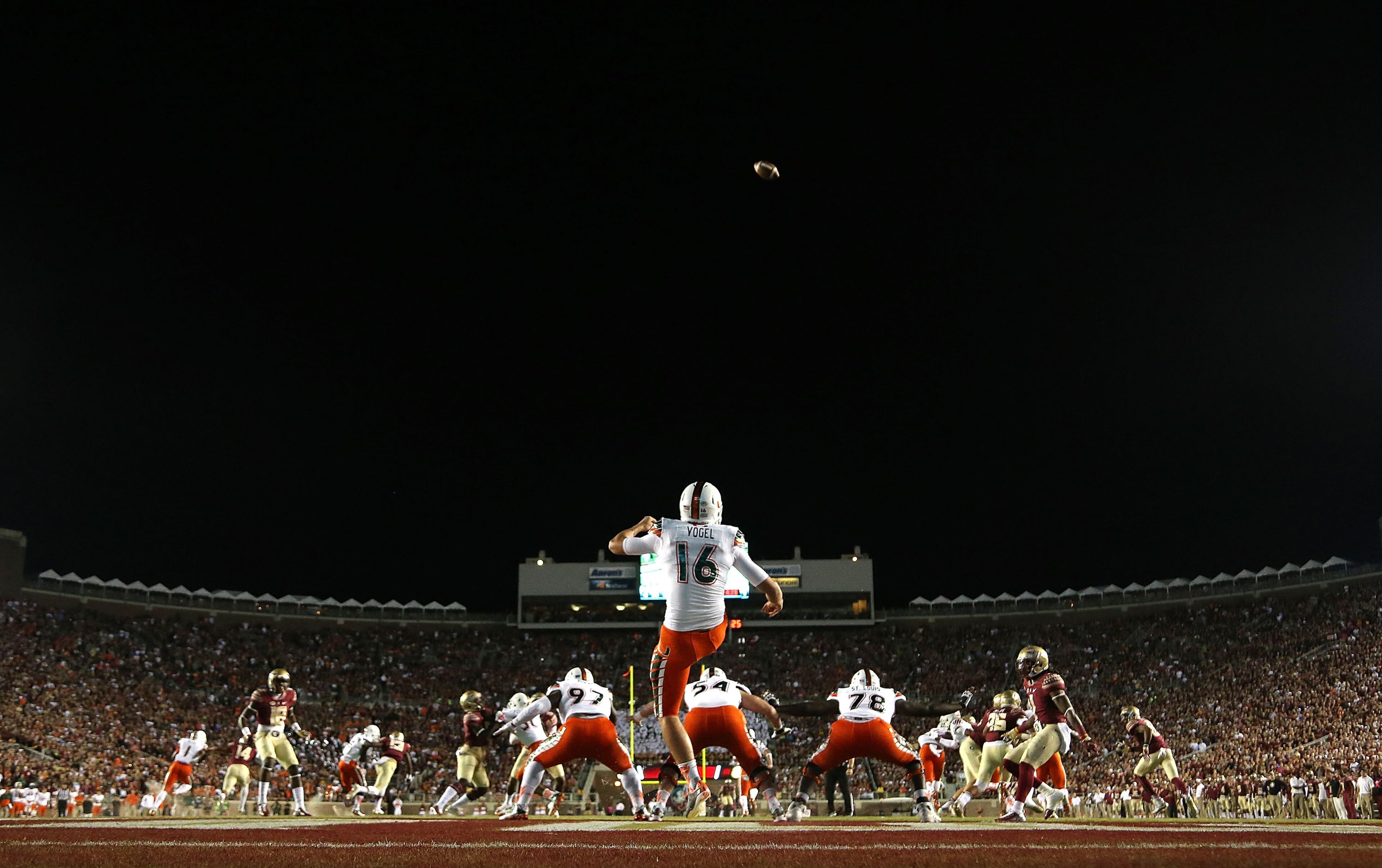 Justin Vogel (16), Miami P. He has averaged 42.6 yards on 119 career punts in two seasons. His longest came last season, 73 yards. He has recorded 25 punts of 50 or more yards. (Photo by Mike Ehrmann/Getty Images)