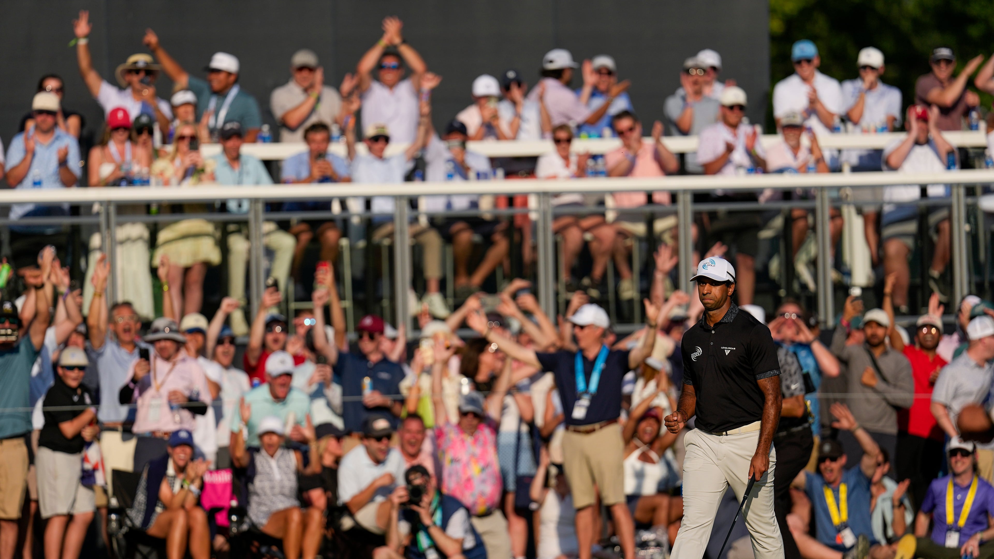 Aaron Rai, of England, celebrates after his shot on the 17th green during the final round of the PGA Championship golf tournament at Aronimink Golf Club, Sunday, May 17, 2026, in Newtown Square, PA. (AP Photo/Carolyn Kaster)