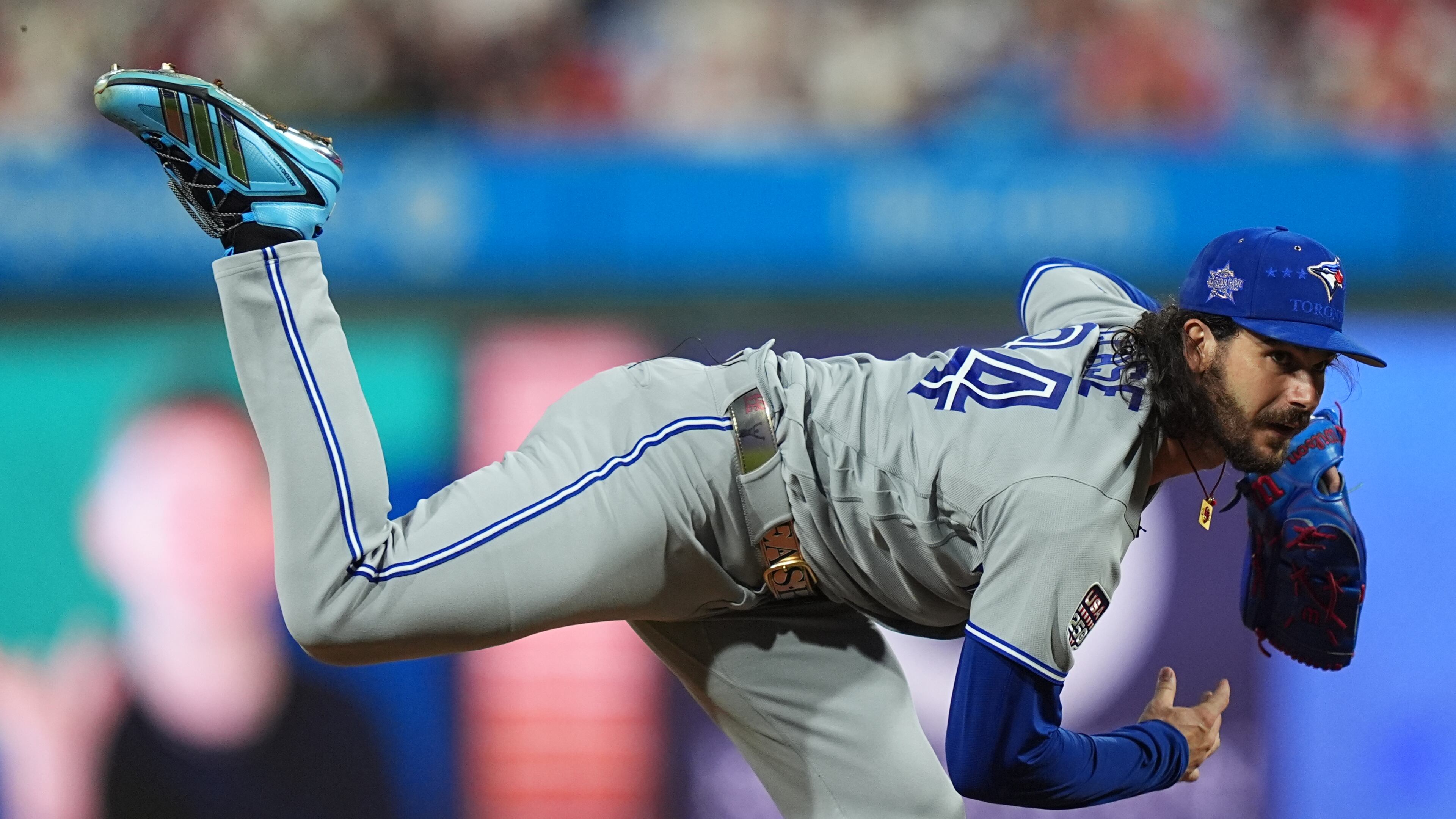 Toronto Blue Jays' pitcher Dylan Cease throws during the first inning of the MLB baseball All-Star Game between the American League and National League, Tuesday, July 14, 2026, in Philadelphia. (AP Photo/Matt Rourke)
