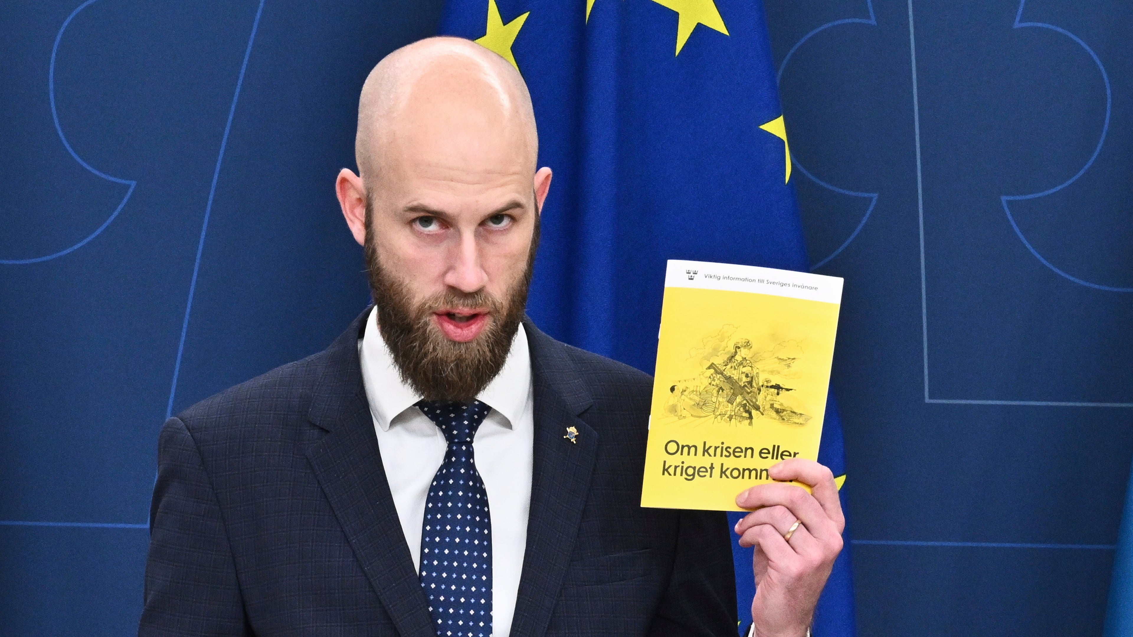 FILE - Sweden's Minister for Civil Defence Carl-Oskar Bohlin presents the new version of the booklet, "If Crisis or War Comes," in Stockholm, Sweden, Oct. 8, 2024. (Claudio Bresciani/TT News Agency via AP, File)