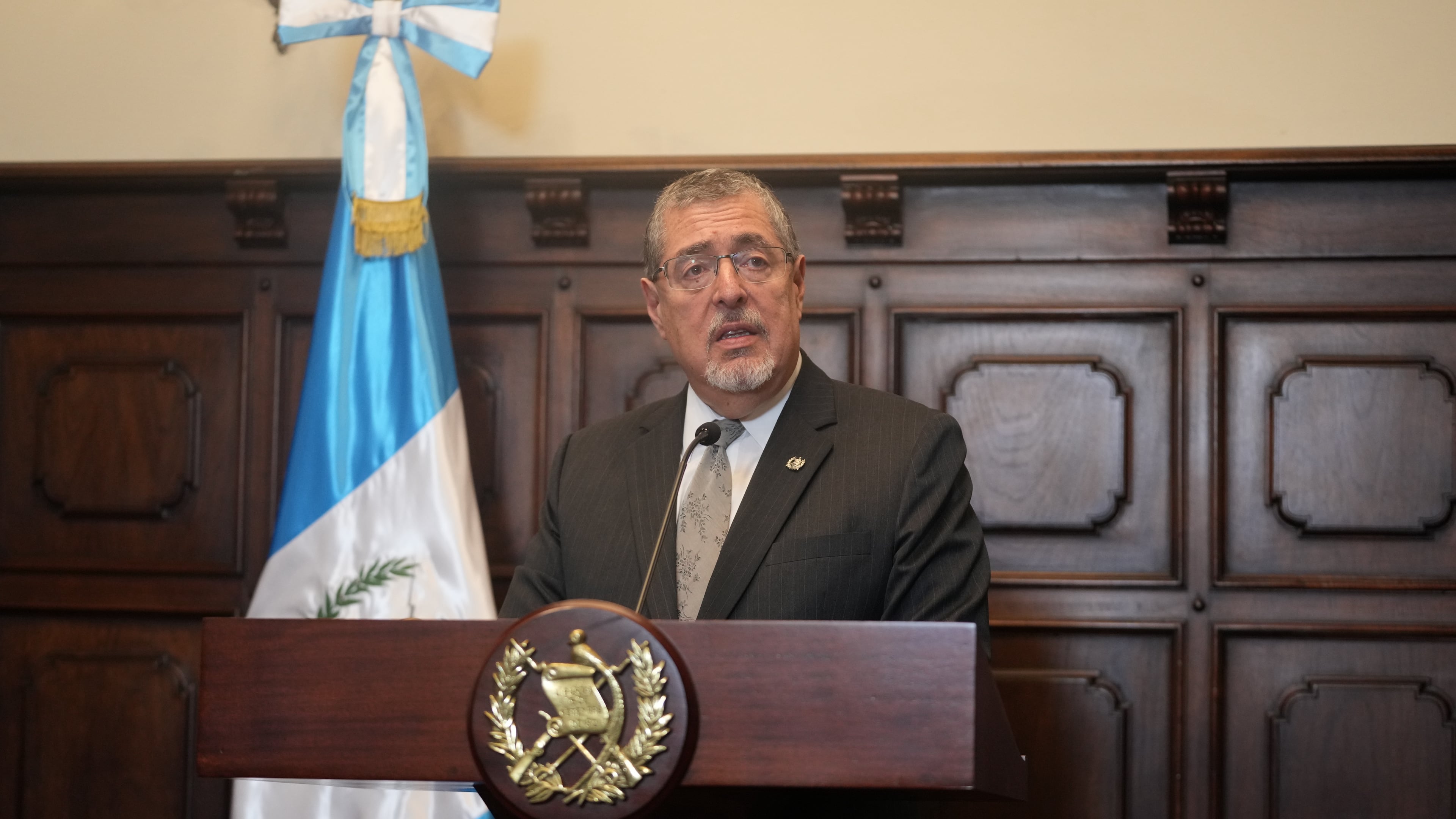FILE - Guatemalan President Bernardo Arevalo speaks to reporters in Guatemala City, March 5, 2026. (AP Photo/Moises Castillo, File)