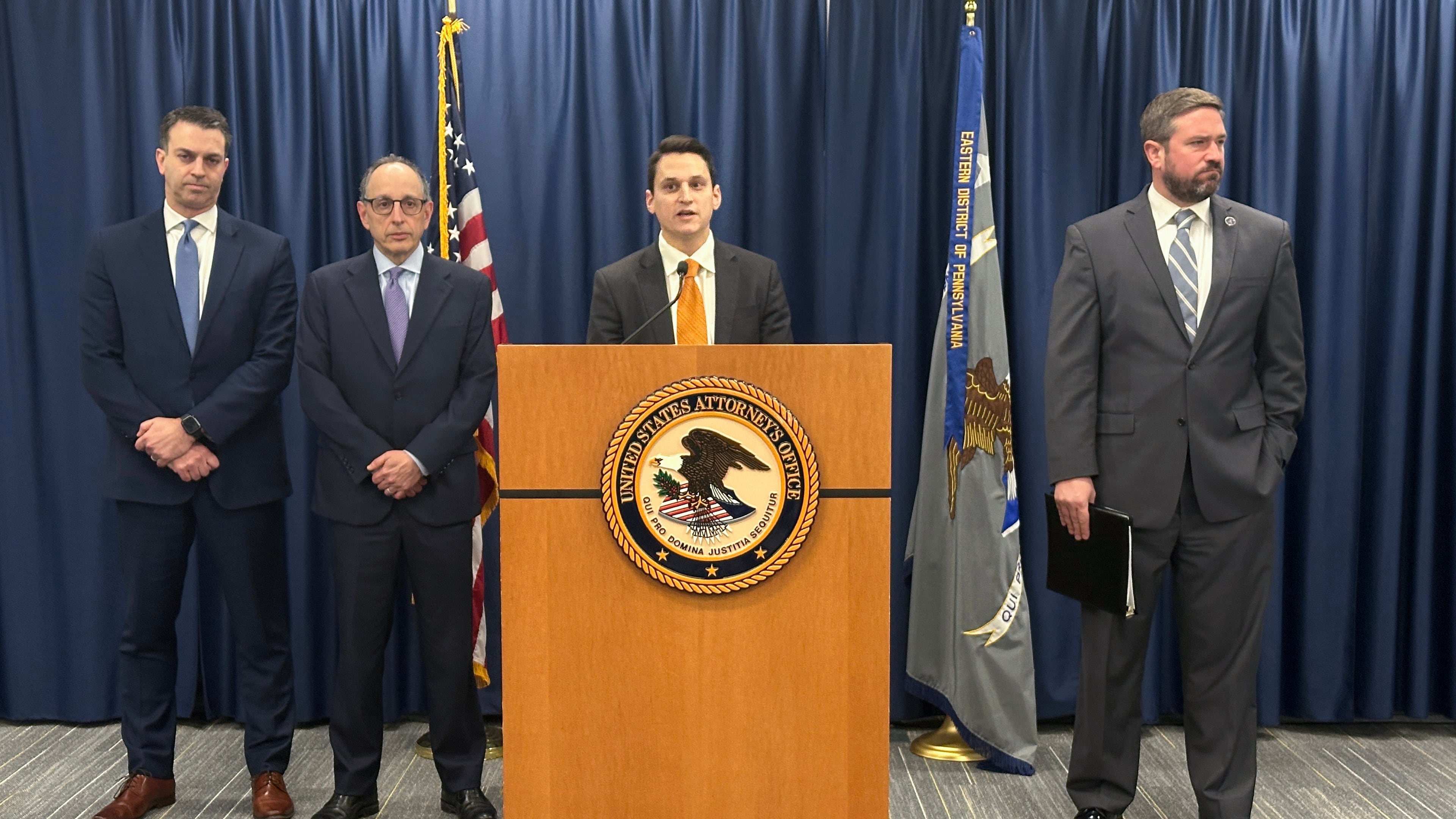 David Metcalf, U.S. Attorney for the Eastern District of Pennsylvania, speaks during a news conference to announce charges against 20 people including 15 former college basketball players, in what prosecutors called a betting scheme to rig NCAA and Chinese Basketball Association games, Thursday, Jan. 15, 2026 in Philadelphia. (AP Photo/Tassanee Vejpongsa)