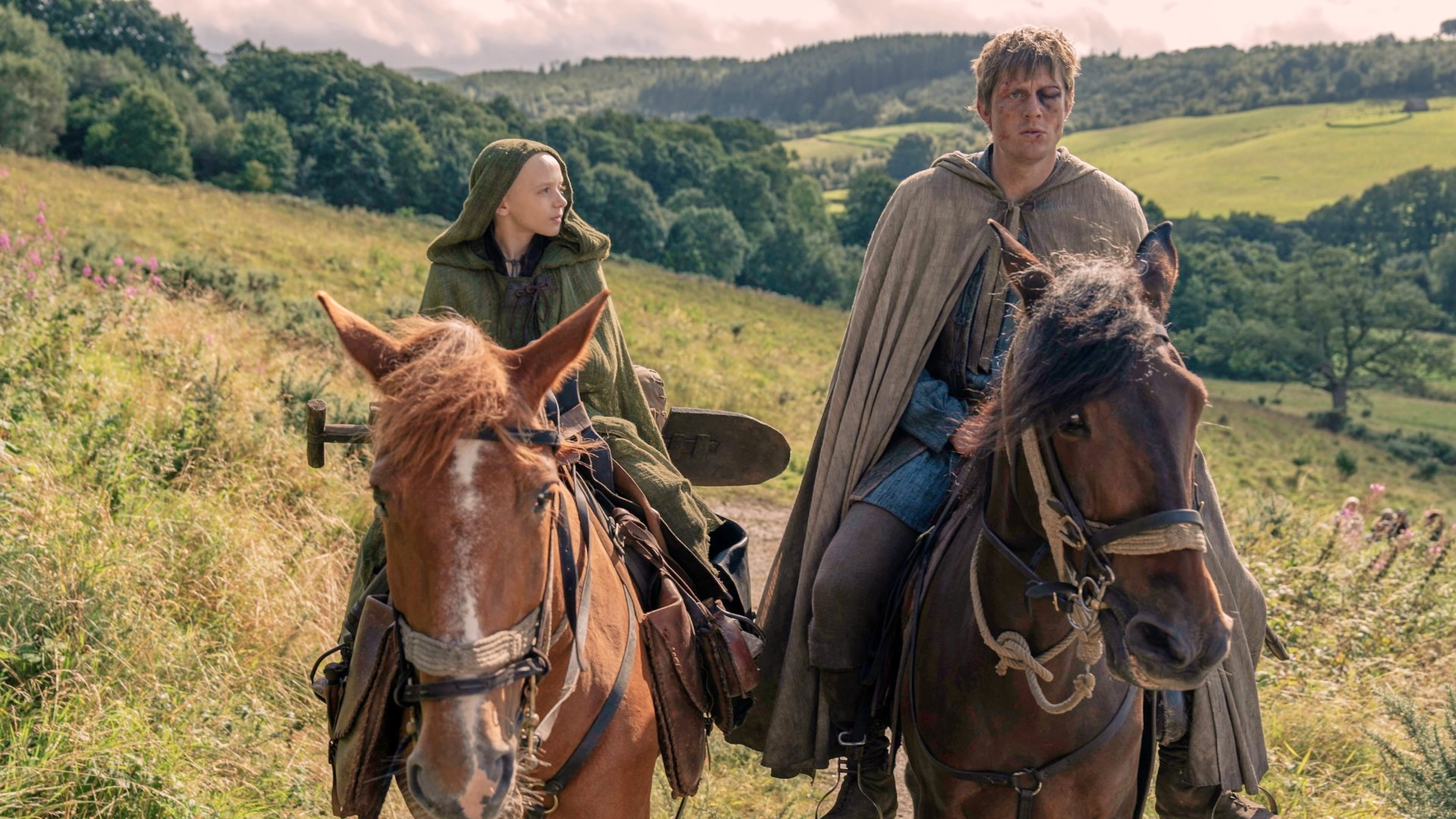 This image released by HBO shows Dexter Sol Ansell, left, and Peter Claffey in a scene from "A Knight of the Seven Kingdoms." (Steffan Hill/HBO via AP)
