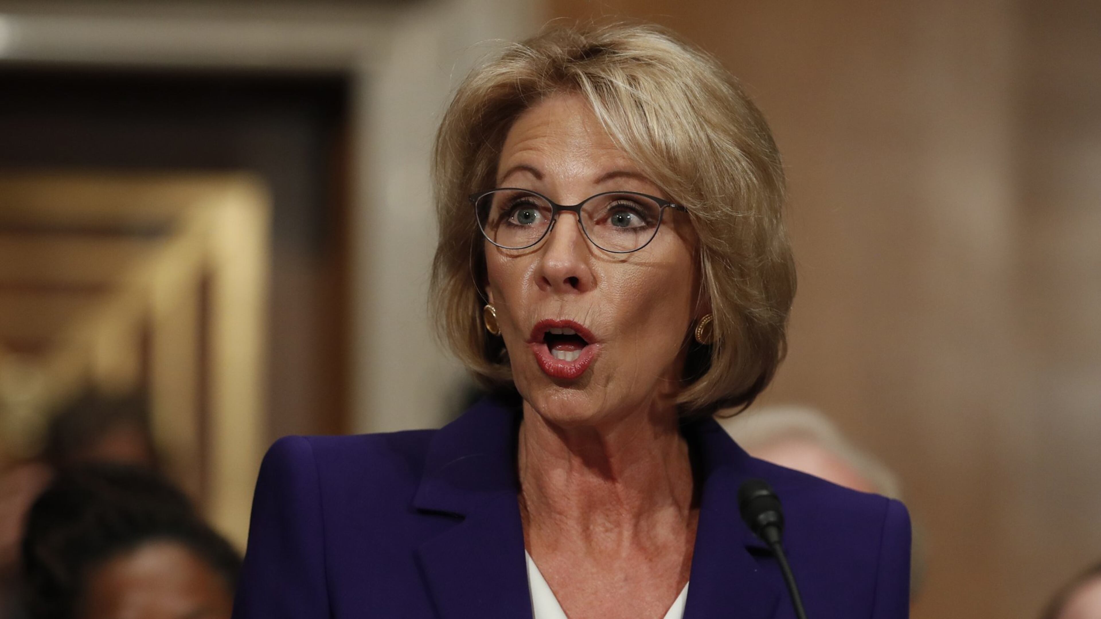 Education secretary-designate Betsy DeVos testifies on Capitol Hill in Washington, Tuesday, Jan. 17, 2017, at her confirmation hearing before the Senate Health, Education, Labor and Pensions Committee. (AP Photo/Carolyn Kaster)