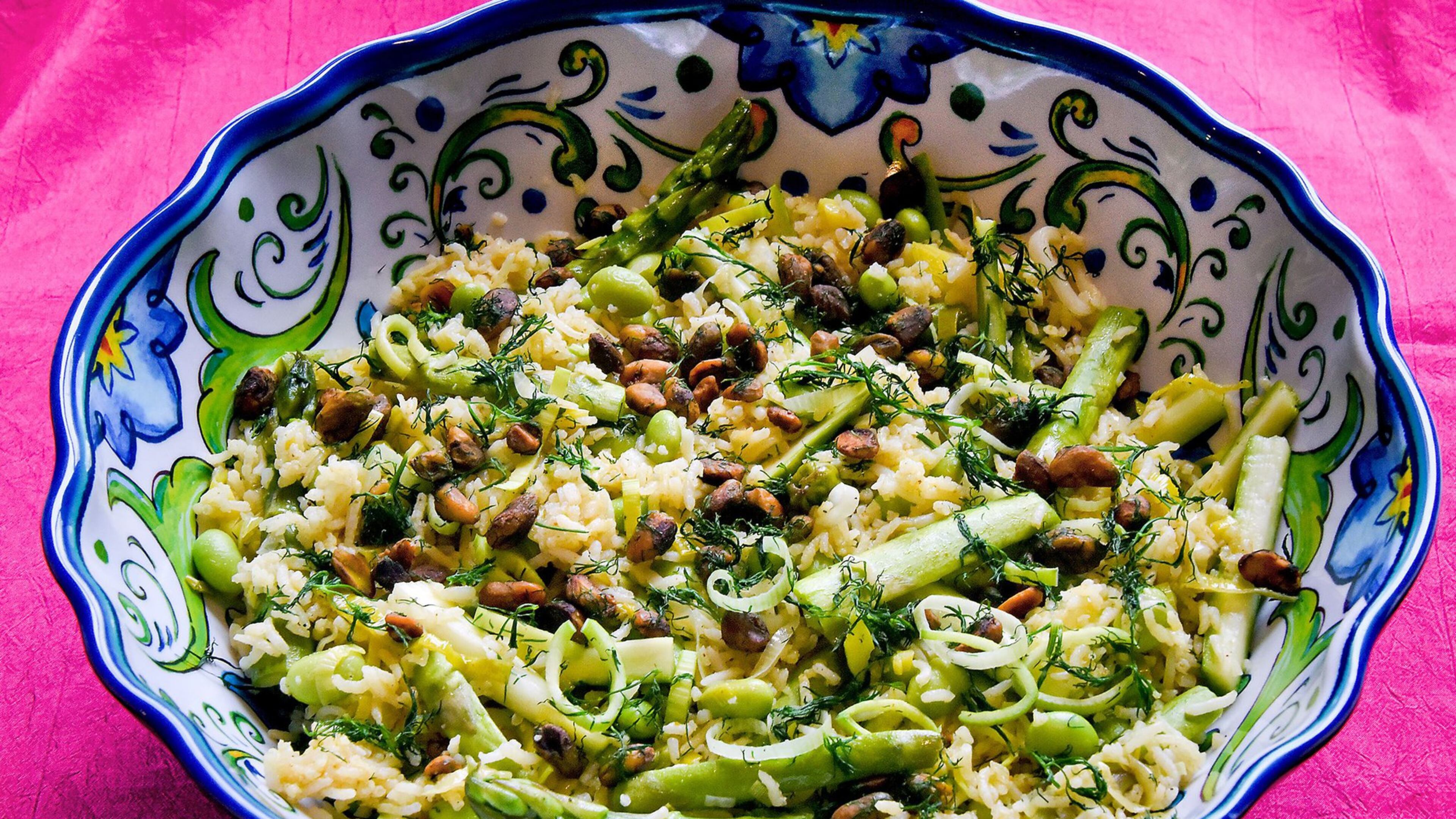 Spring Green Pilaf, with asparagus, edamame and leeks, in a bowl. (Darrell Sapp/Pittsburgh Post-Gazette/TNS)
