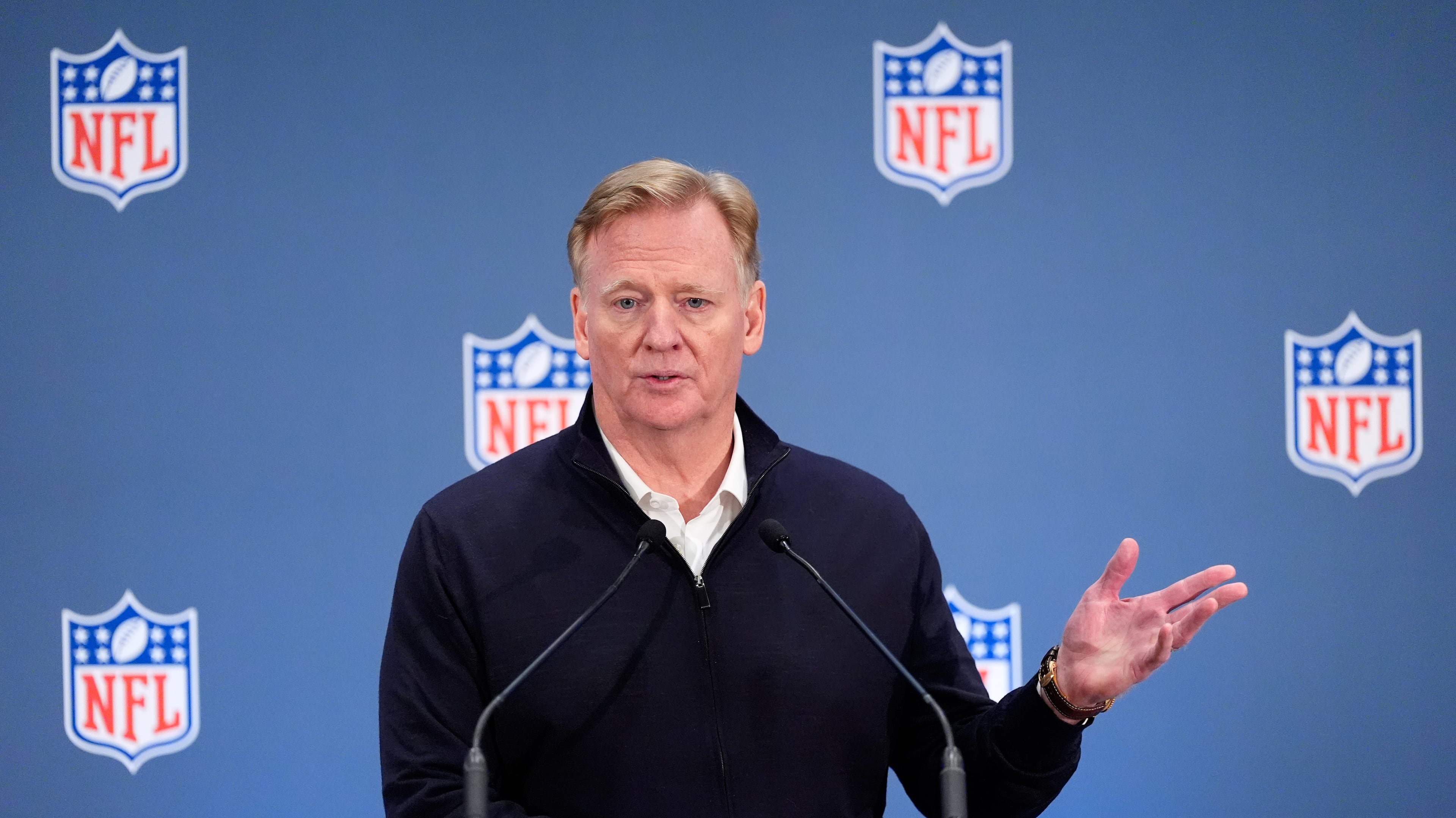 NFL commissioner Roger Goodell speaks during a news conference at the NFL owners' meetings Wednesday, Oct. 21, 2026, in New York. (AP Photo/Yuki Iwamura)