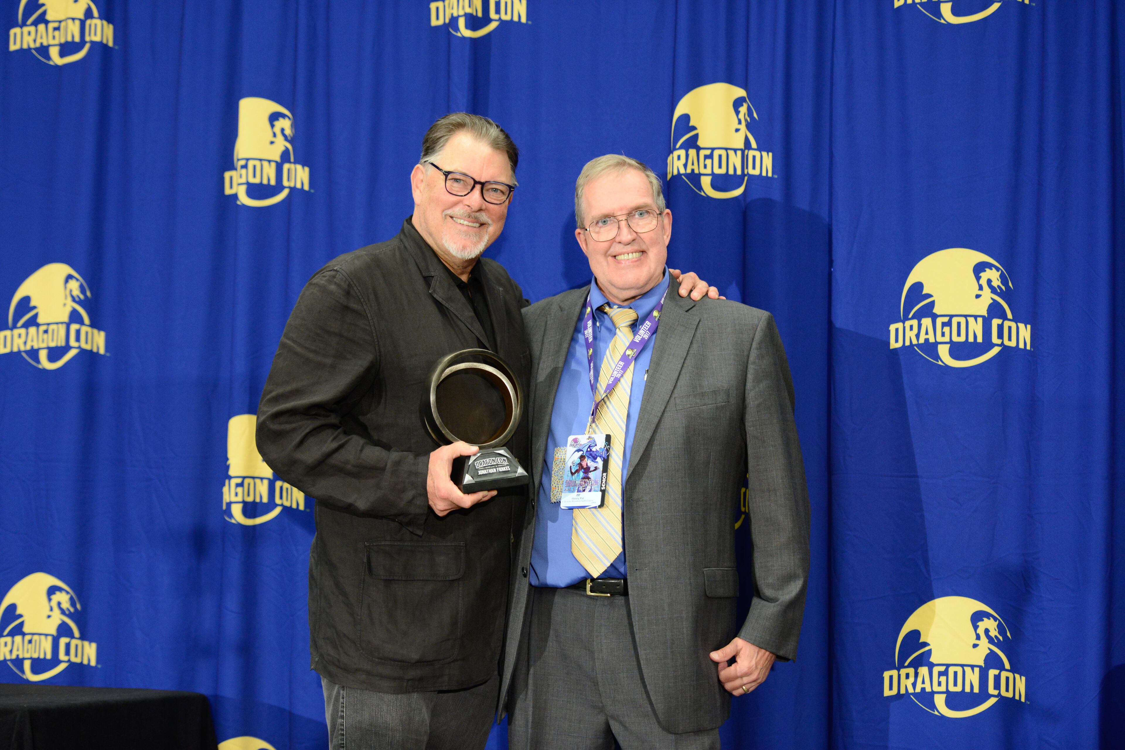 Pat, right, in 2017 with actor and director Jonathan Frakes, best known for his portrayal of Commander William Riker in TV’s Star Trek: The Next Generation and related films. (Credit: Dragon Con)