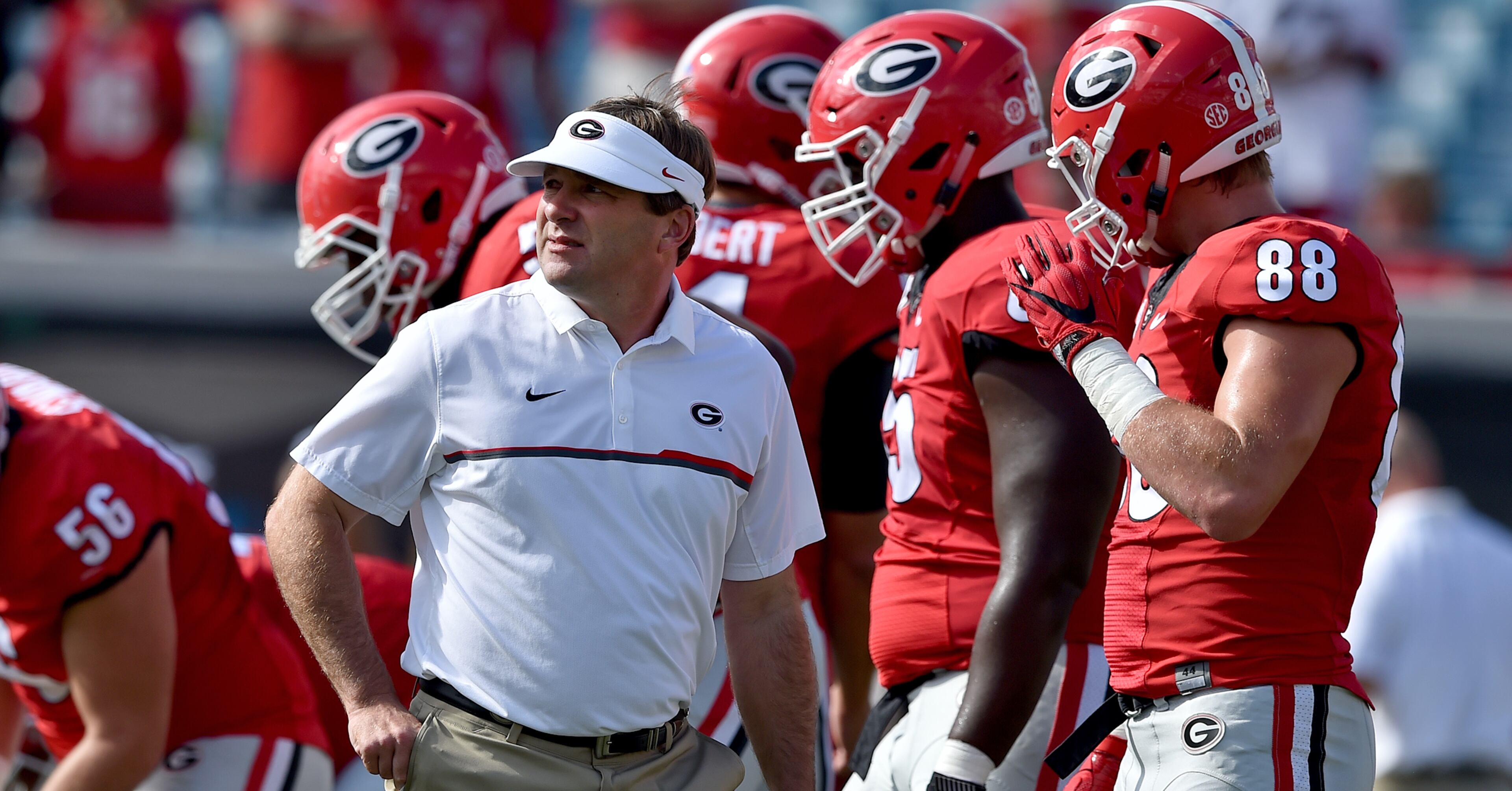 October 29 Jacksonville, FL : Georgia head coach Kirby Smart during warm-up at EverBank Field in Jacksonville Saturday October 29, 2016. BRANT SANDERLIN/BSANDERLIN@AJC.COM