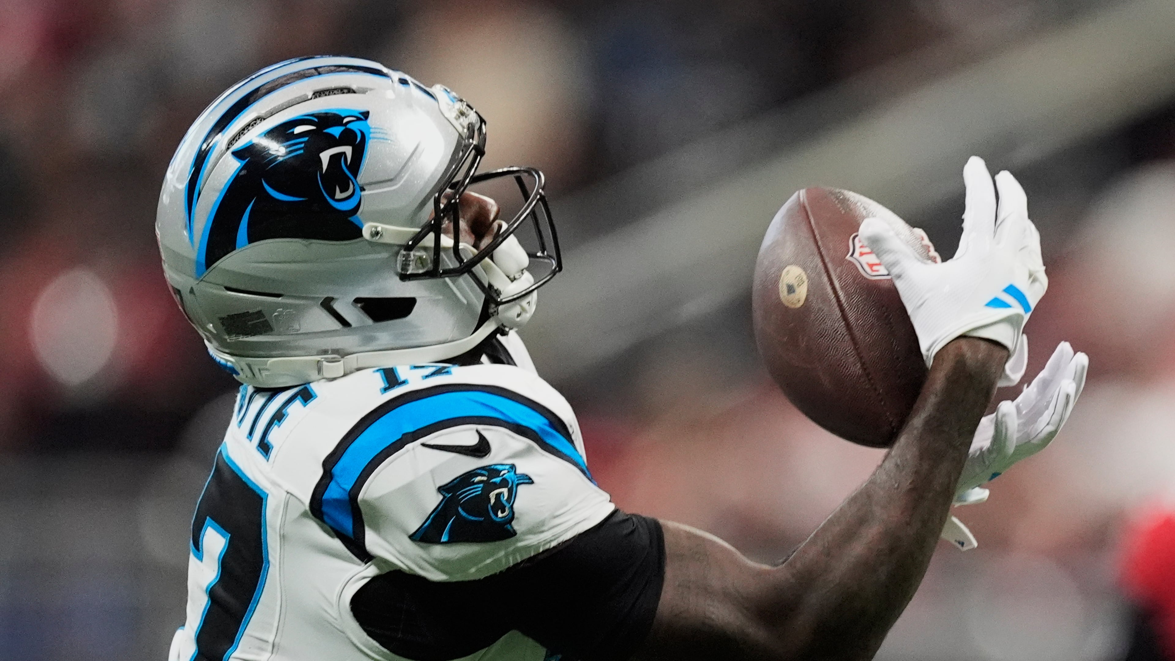 Carolina Panthers wide receiver Xavier Legette (17) makes a catch during an NFL football game against the Atlanta Falcons in Atlanta, Sunday, Sept. 20, 2026. (AP Photo/Mike Stewart)