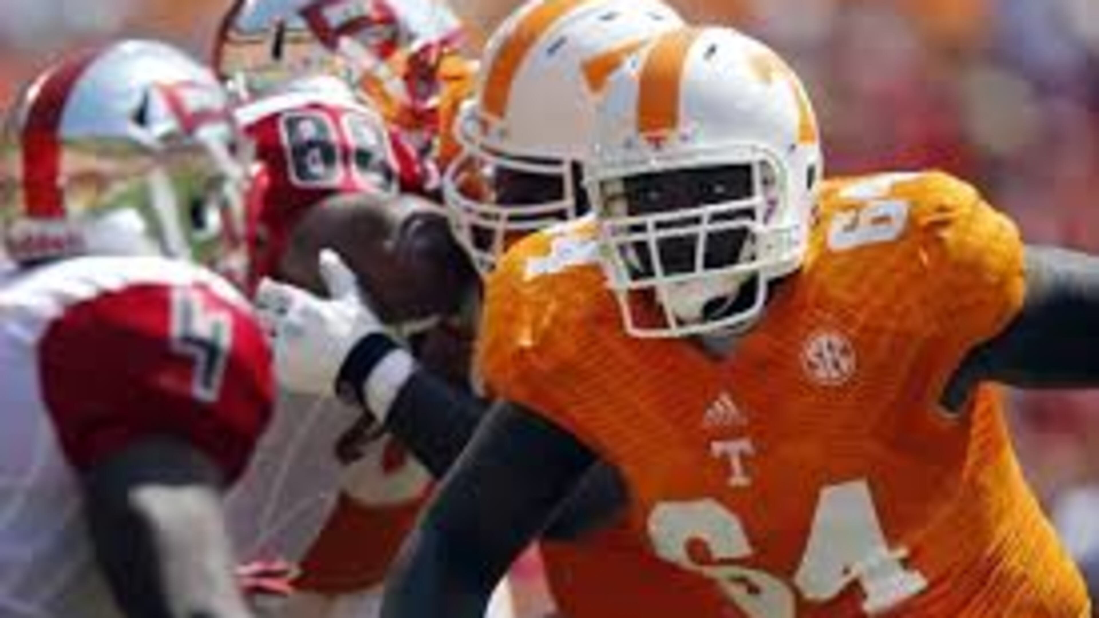Tennessee offensive lineman James Stone (64) has signed with the Falcons. (Photo by Associated Press)