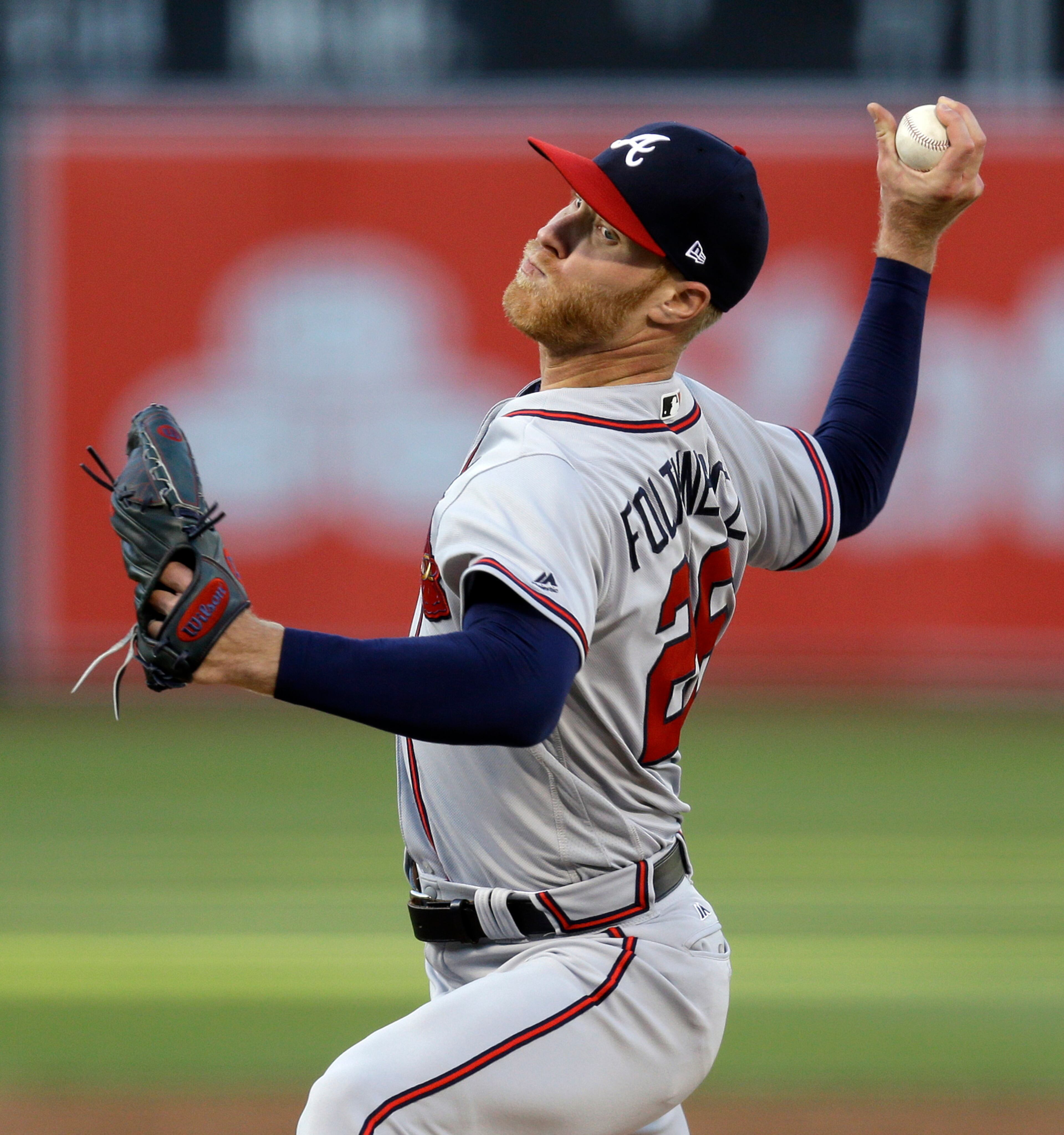 Atlanta Braves pitcher Mike Foltynewicz works against the Oakland Athletics during the first inning of a baseball game Friday, June 30, 2017, in Oakland, Calif. (AP Photo/Ben Margot)