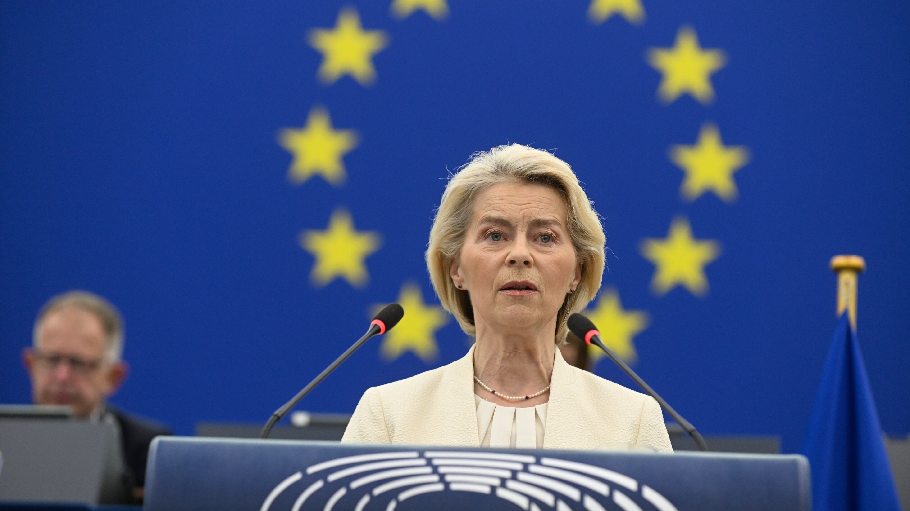 European Commission President Ursula von der Leyen delivers a speech at the annual State of the European Union at the European Parliament in Strasbourg, eastern France, Wednesday, Sept 16, 2026. (AP Photo/Pascal Bastien)