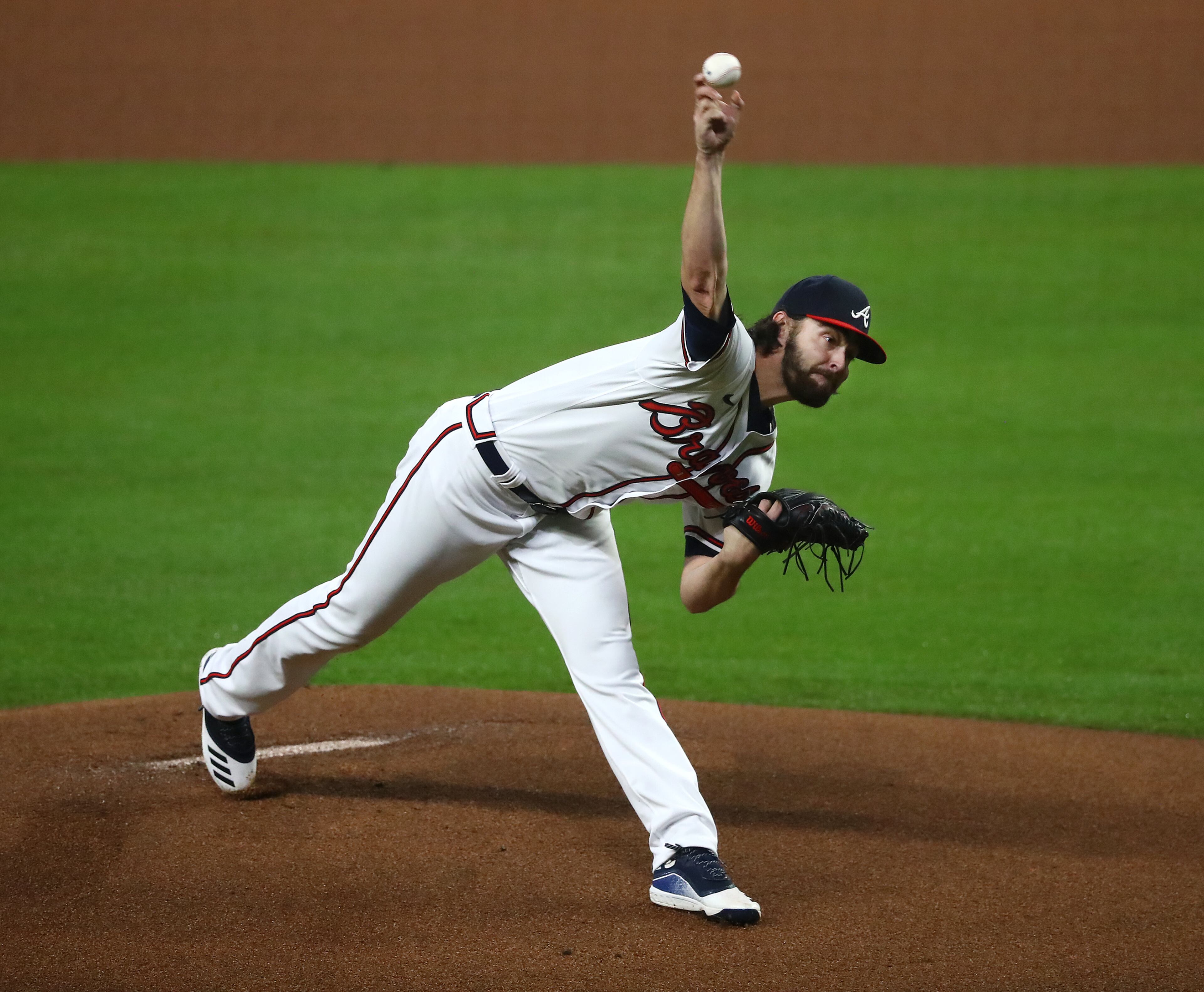 Braves pitcher Ian Anderson delivers against the Miami Marlins during the first inning in a MLB baseball game on Thursday, Sept. 24, 2020 in Atlanta. “Curtis Compton / Curtis.Compton@ajc.com”
