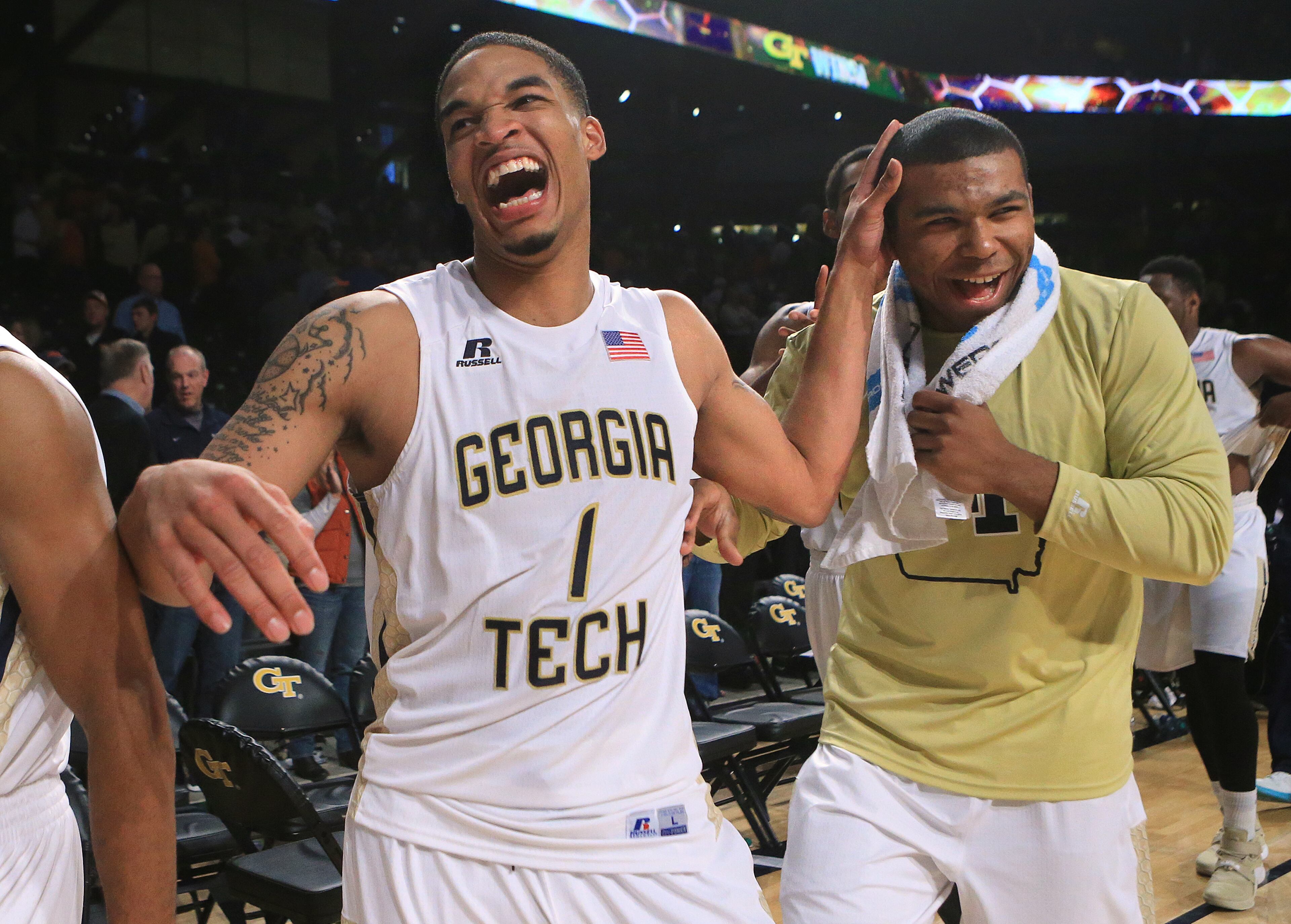 Georgia Tech guard Tadric Jackson (center) and teammates celebrate after holding on to beat Tennessee 69-67 in a basketball game on Monday, Nov. 16, 2015 in Atlanta. Curtis Compton / ccompton@ajc.com