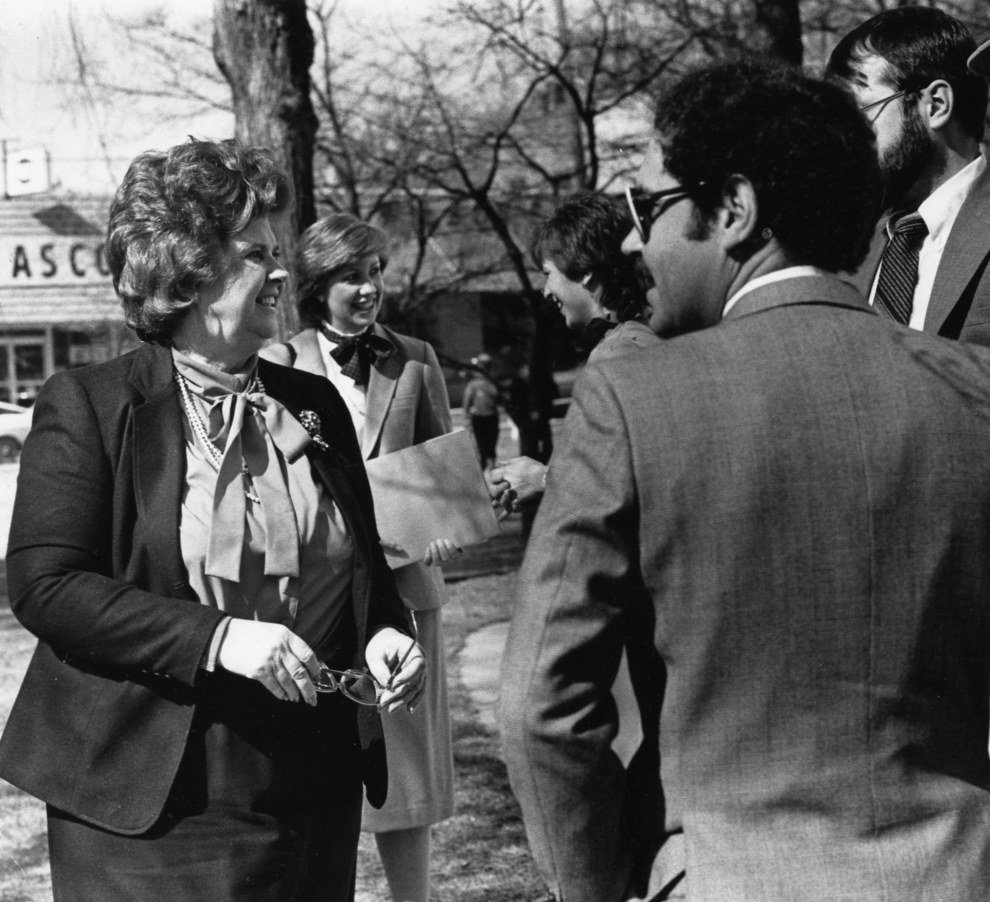1984: Republicans capture three more seats – including the chairman’s post – giving the party a 4-1 majority. In this file photo, Norcross Mayor Lillian Webb greets well-wishers on Courthouse grounds after announcing for the County Commission race. Webb won, becoming the first woman to hold the county commission's chair office in Gwinnett.