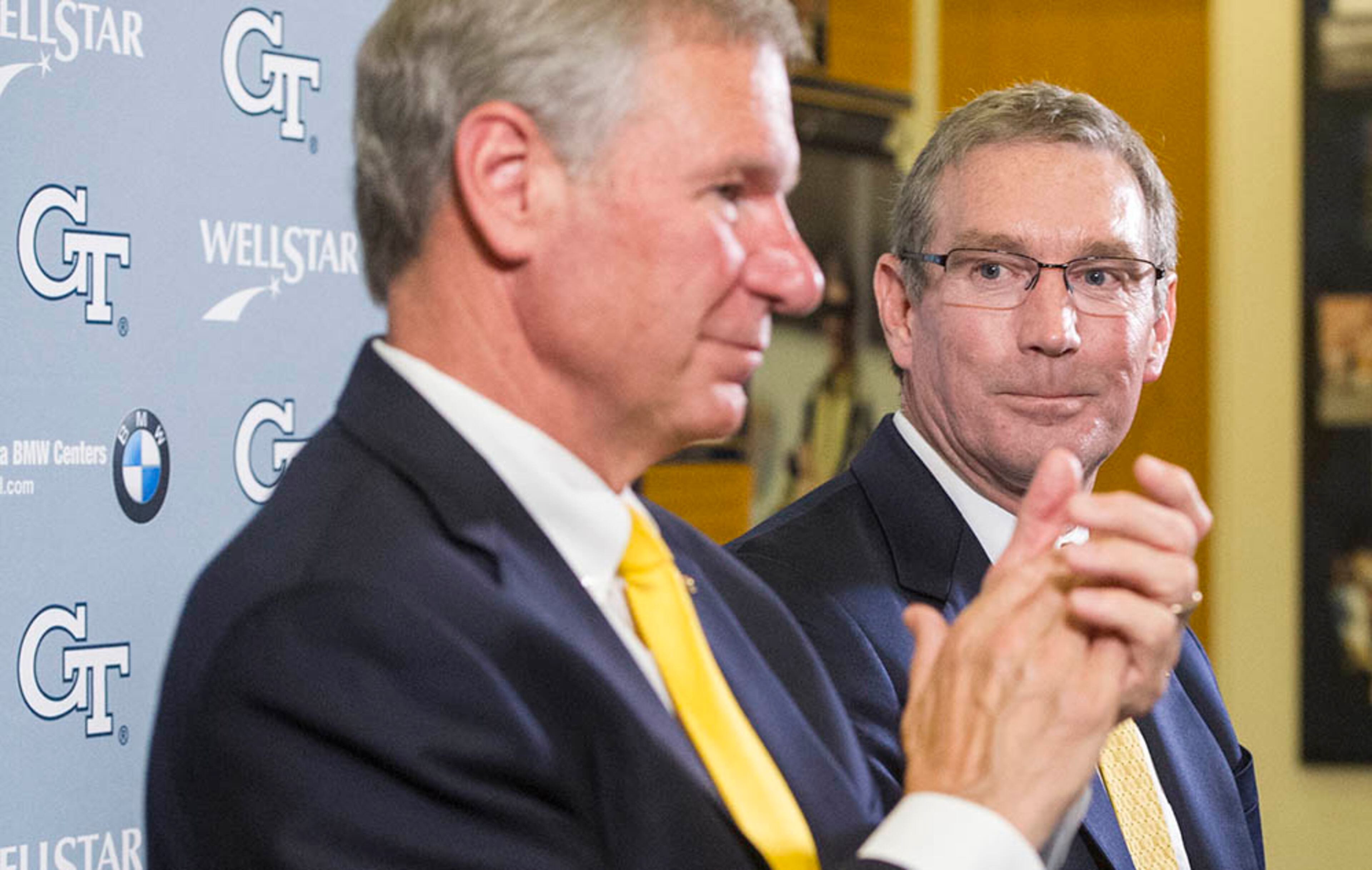 Todd Stansbury (right) is announced as the new athletic director at Georgia Tech by school President Bud Peterson during a news conference, Thursday, Sept. 22, 2016, in Atlanta. Stansbury had served as Oregon State's athletic director since June 2015 and is a former Georgia Tech football player and 1984 alumnus.