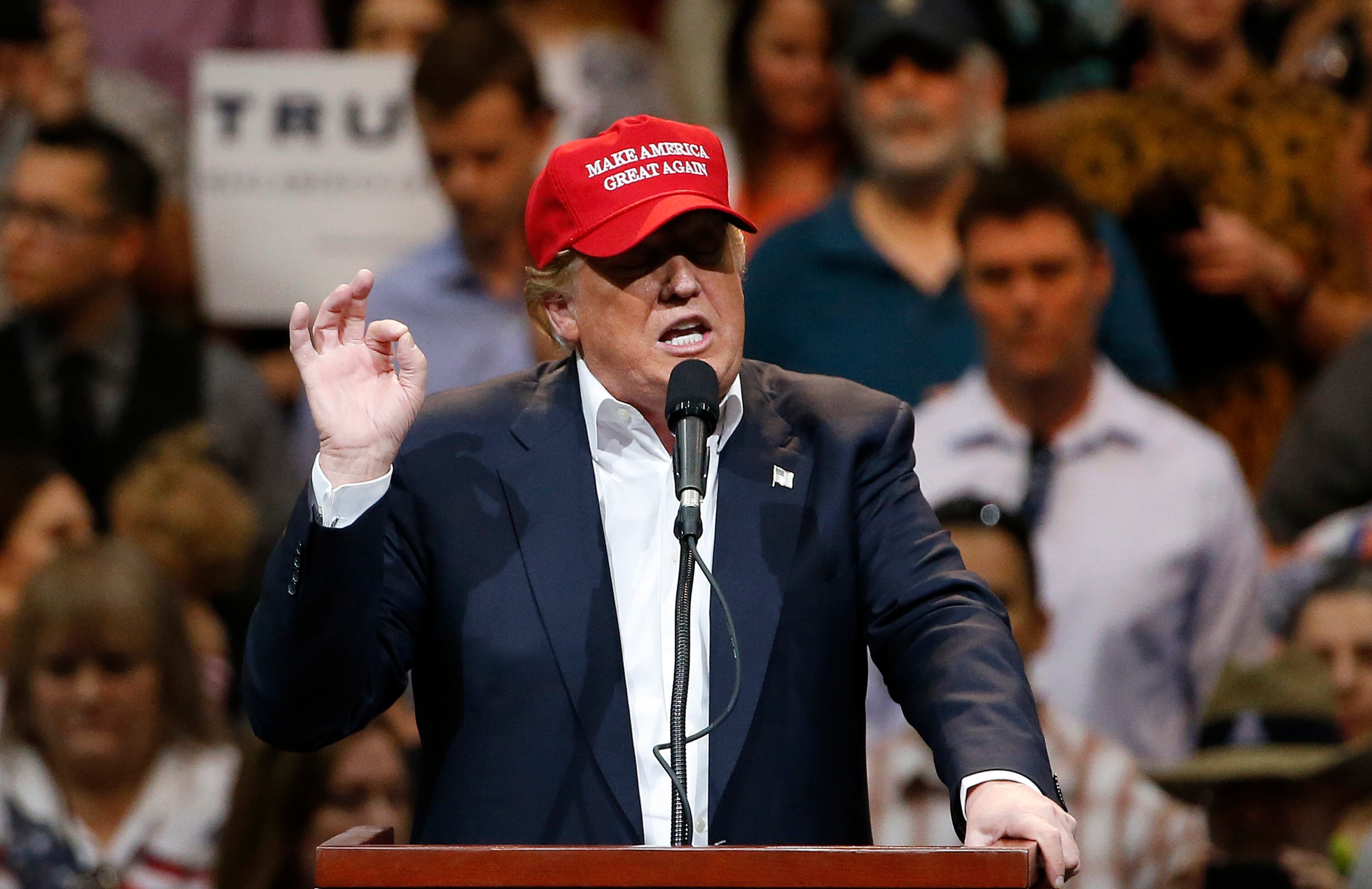 Republican presidential candidate Donald Trump speaks during a campaign rally Saturday, March 19, 2016, in Tucson, Ariz. (AP Photo/Ross D. Franklin)