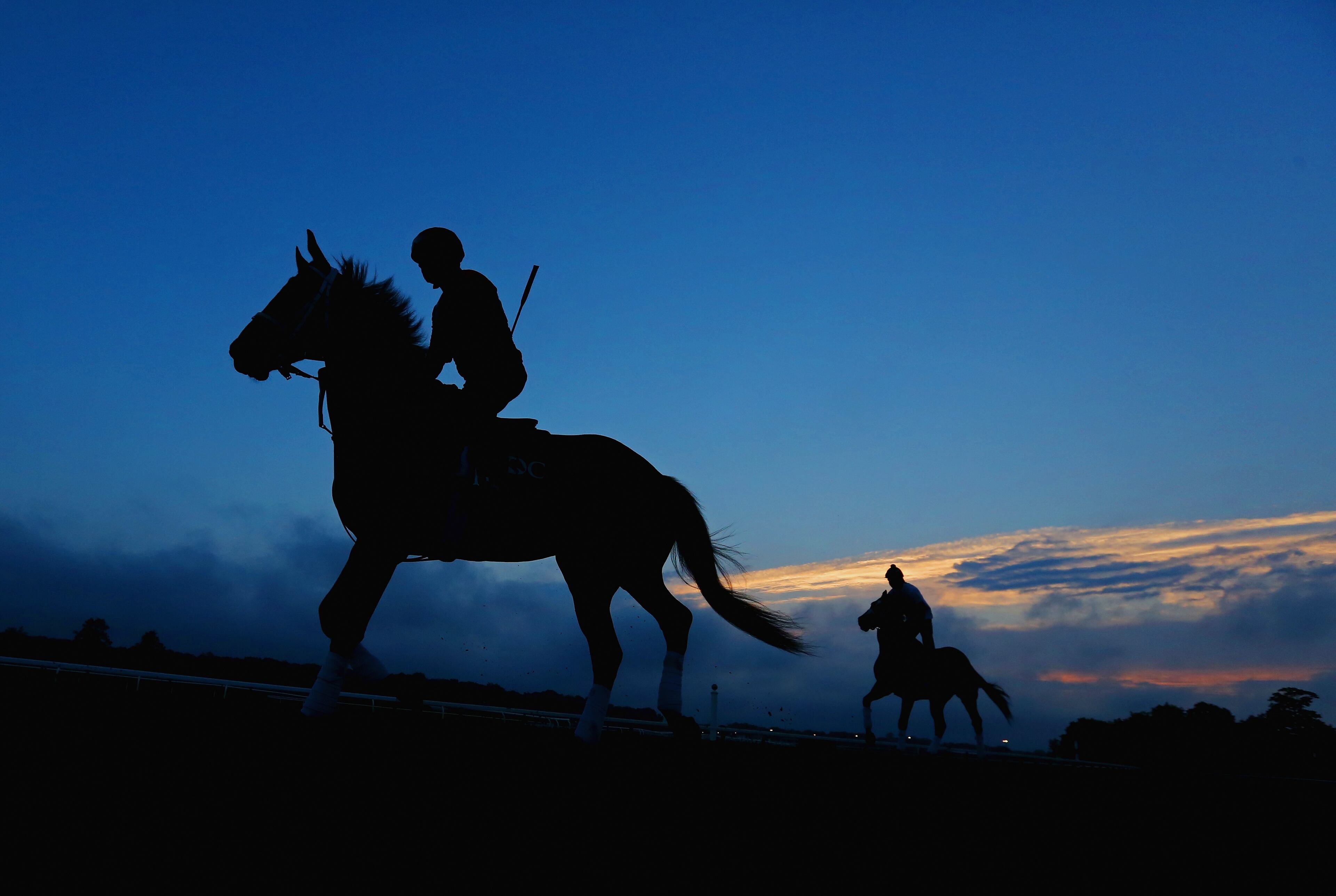 ELMONT, NY - JUNE 04: A general view of horses and exercise riders training on the main track at Belmont Park on June 4, 2014 in Elmont, New York. (Photo by Al Bello/Getty Images)