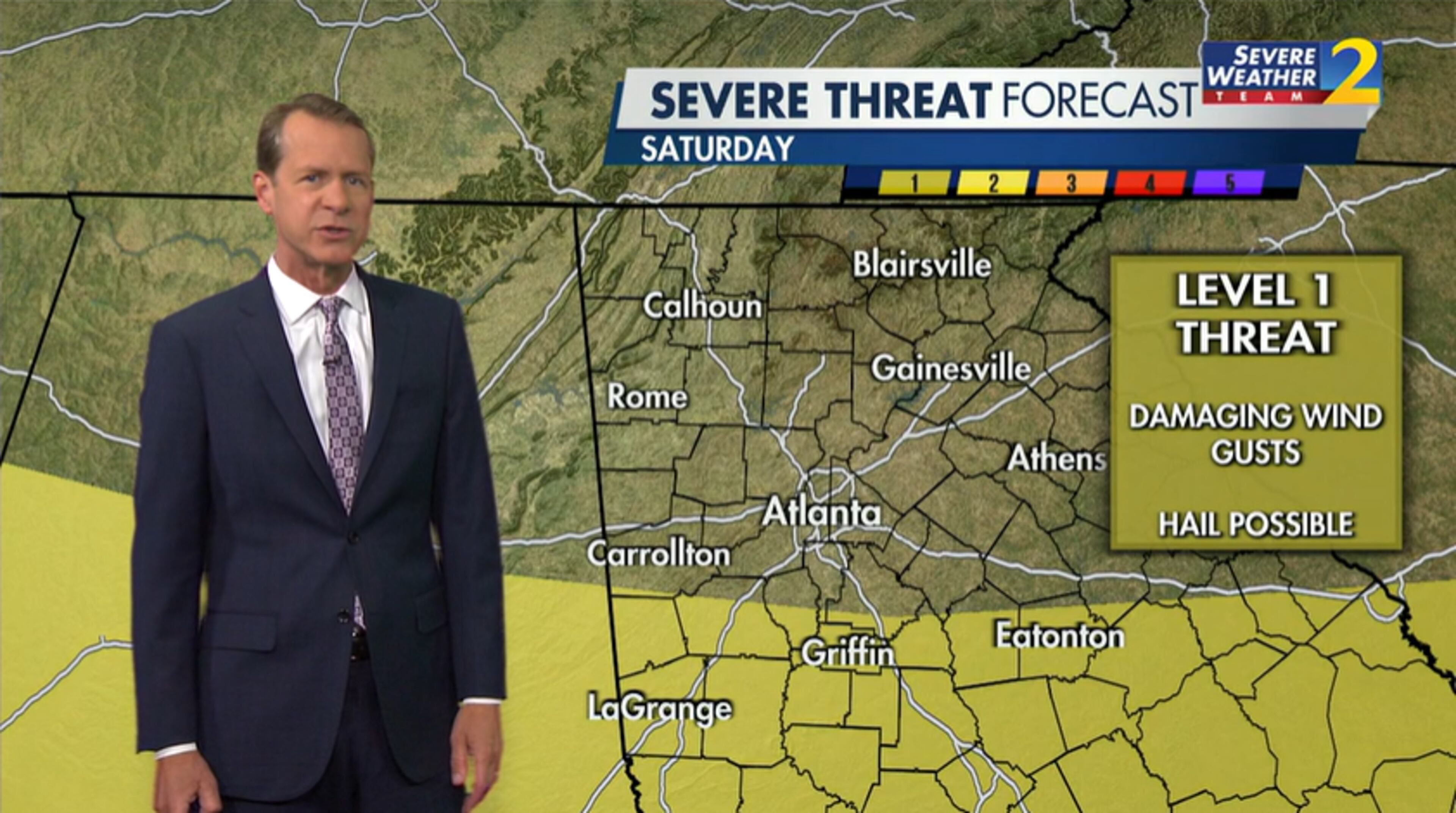 There's a slight chance of damaging winds sweeping through counties just south of Atlanta on Saturday, according to Channel 2 Action News meteorologist Brad Nitz's weather forecast.