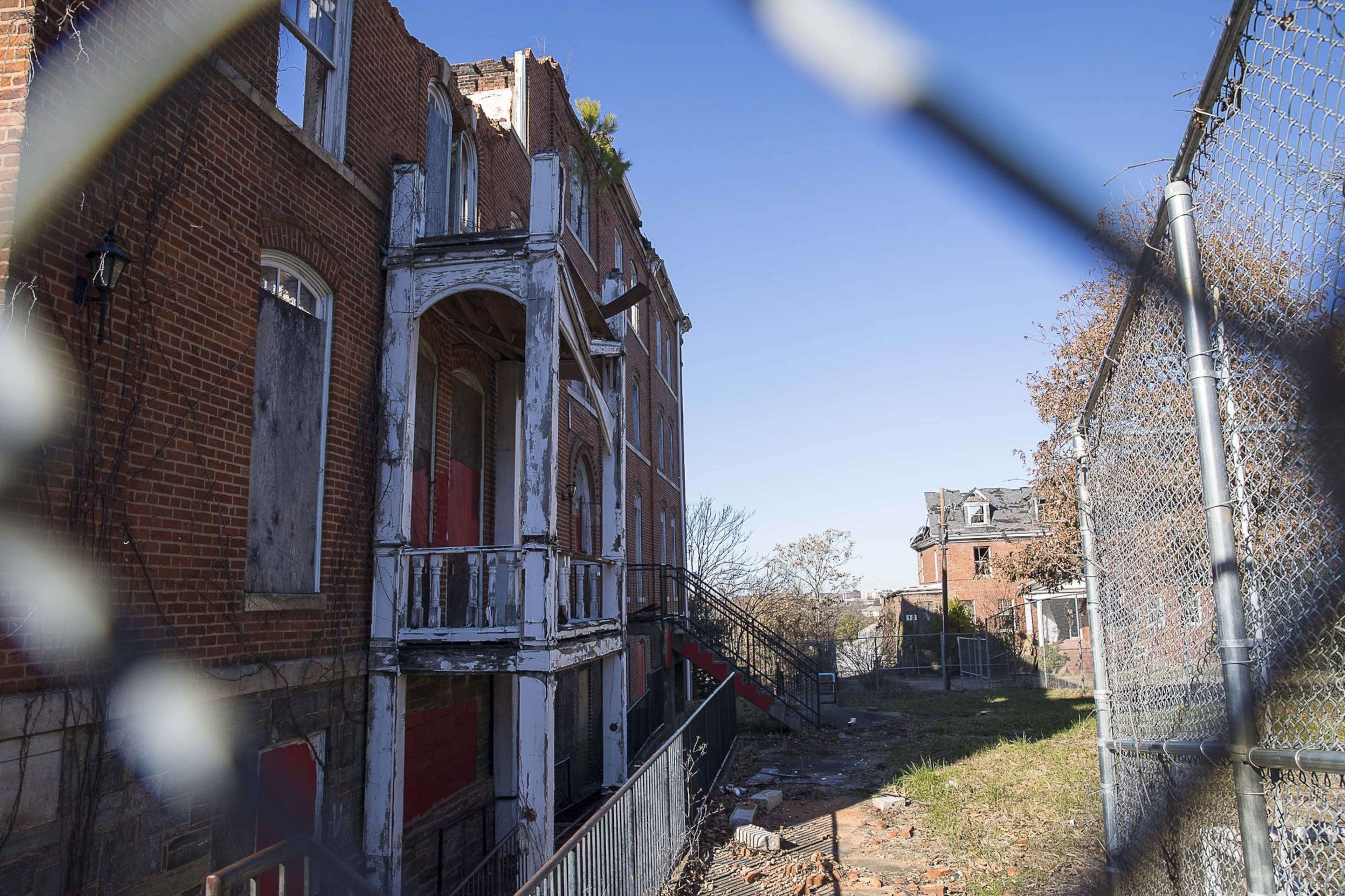 Gaines Hall, itself built in 1869, sits burned and gutted across from Fountain Hall on the campus of Morris Brown College. Another important building, Furber Cottage, built in 1899, burned down in September. (ALYSSA POINTER/ALYSSA.POINTER@AJC.COM)