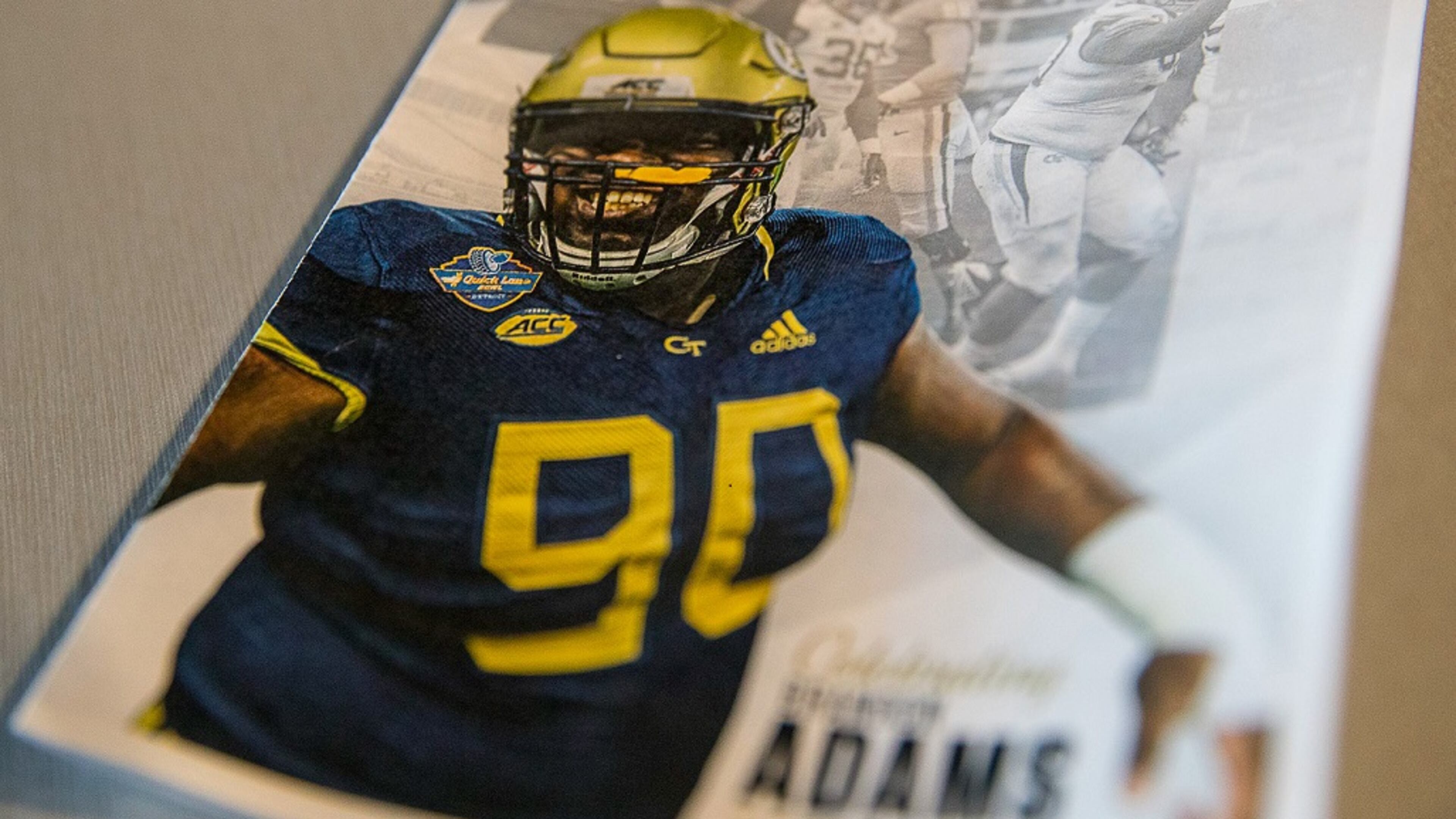 A service program for late Georgia Tech football player Brandon Adams is displayed before a memorial service at McCamish Pavilion in Atlanta, Monday, March 25, 2019. (ALYSSA POINTER/ALYSSA.POINTER@AJC.COM)