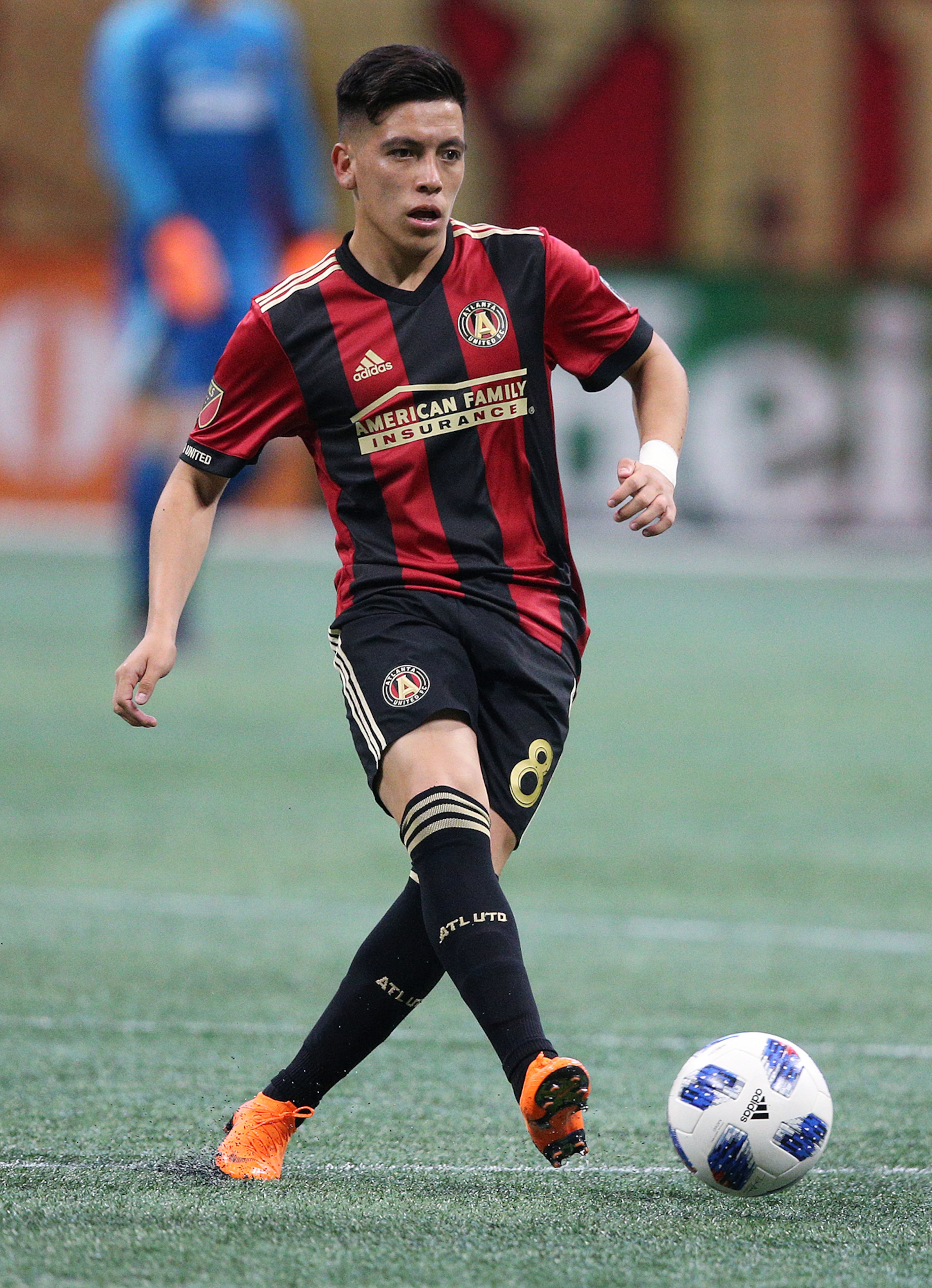 April 28, 2018 Atlanta: Atlanta United midfielder Ezequiel Barco works the ball against the Montreal Impact during the first half in a MLS soccer game on Saturday, April 28, 2018, in Atlanta. Curtis Compton/ccompton@ajc.com