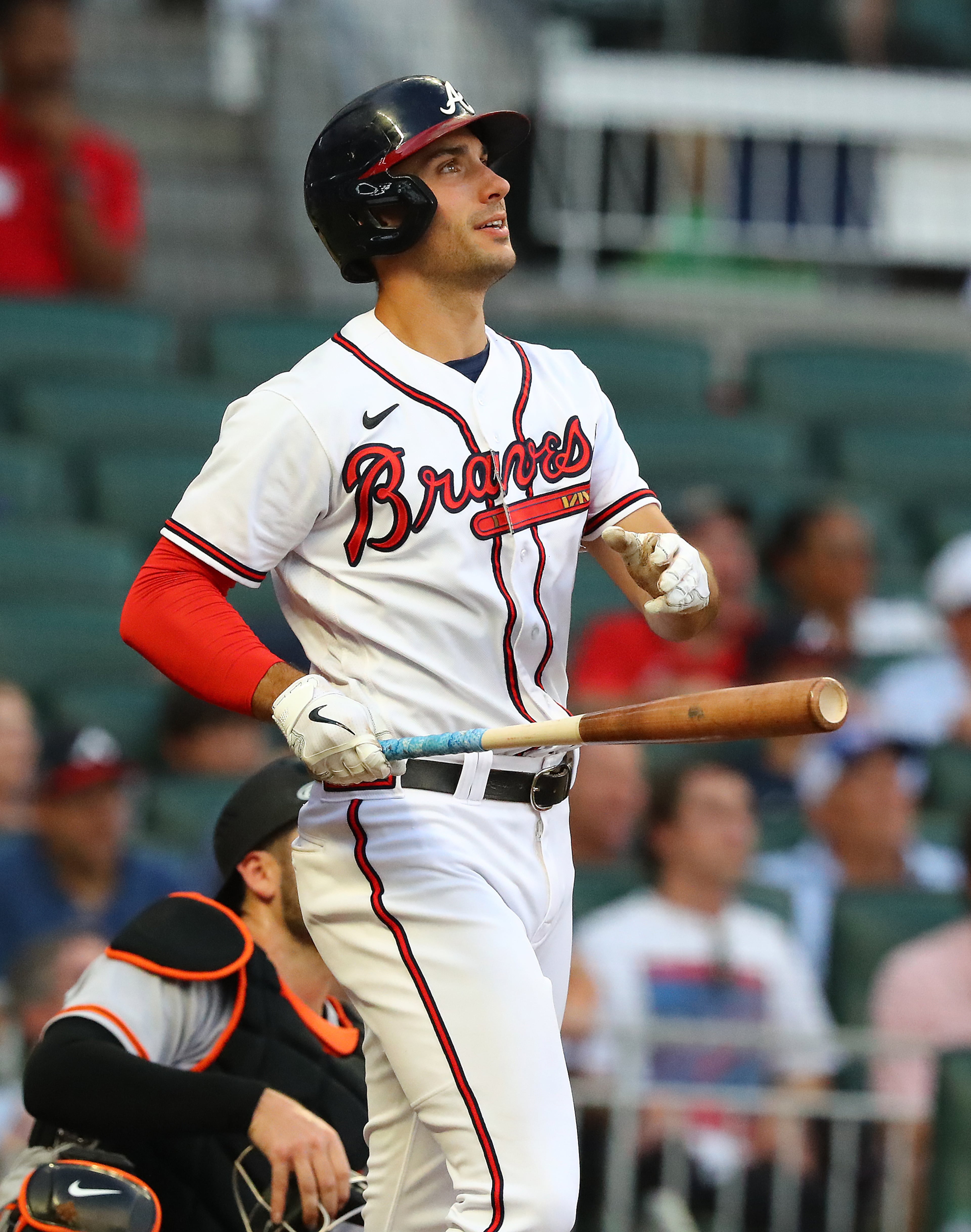Braves first baseman Matt Olson watches his 3-run homer leave the park to take a 5-4 lead over the San Francisco Giants during the third inning of a MLB baseball game on Tuesday, June 21, 2022, in Atlanta. “Curtis Compton / Curtis.Compton@ajc.com”