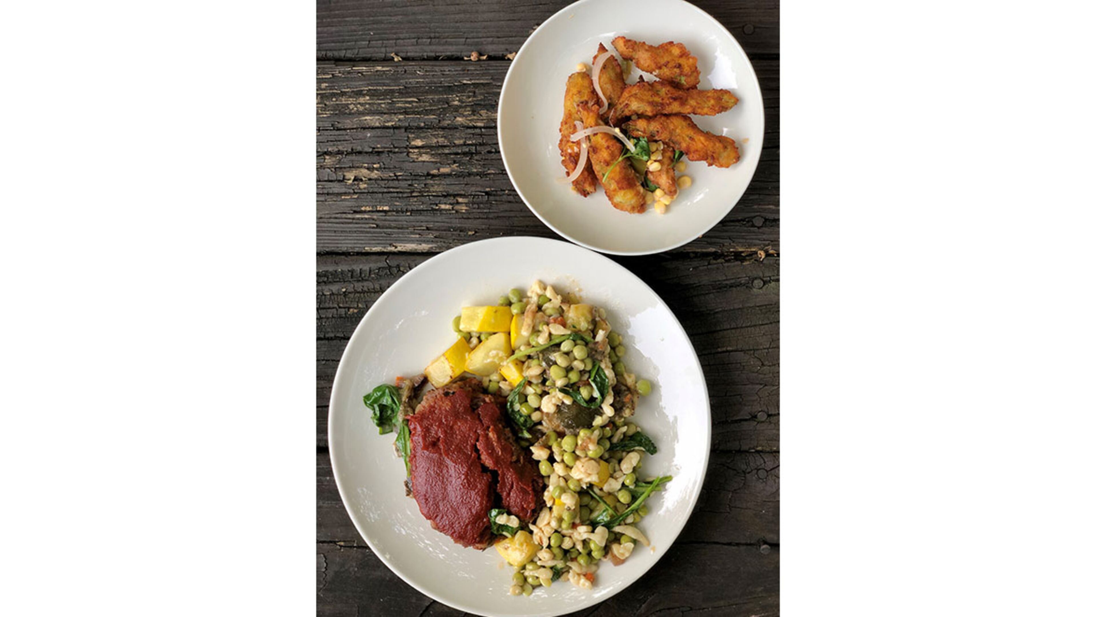 Takeout from Wrecking Bar Brewpub: The meatloaf with tiny dumplings; seasonal and pickled veggies and an order of fried okra. Courtesy of Wendell Brock