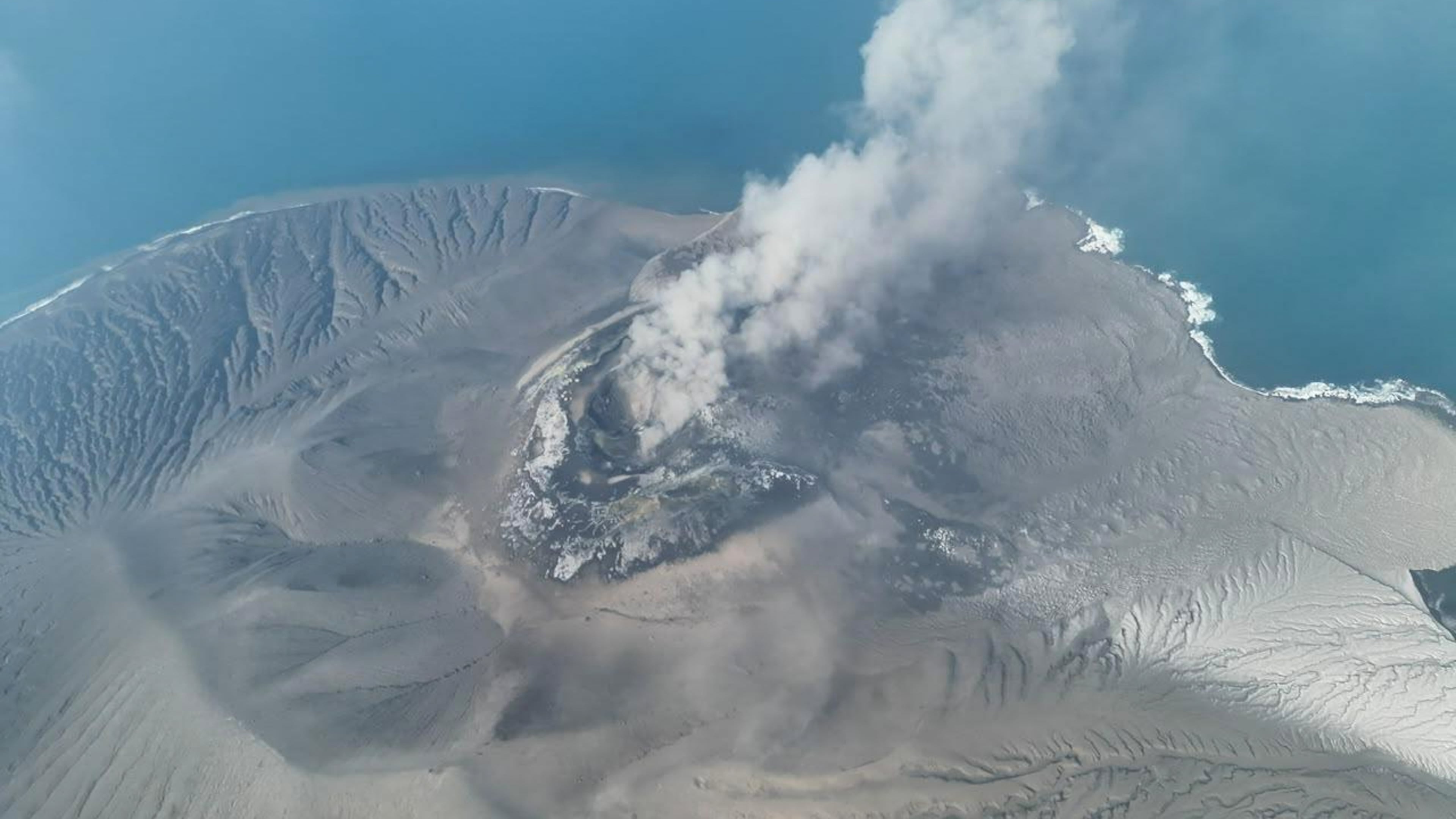 In this drone photo released by the Geological Agency (Badan Geologi) of Indonesia's Ministry of Energy and Mineral Resources, Mount Anak Krakatau spews volcanic smoke in Sunda Strait, Indonesia, Saturday, Sept. 5, 2026. (Badan Geologi via AP)