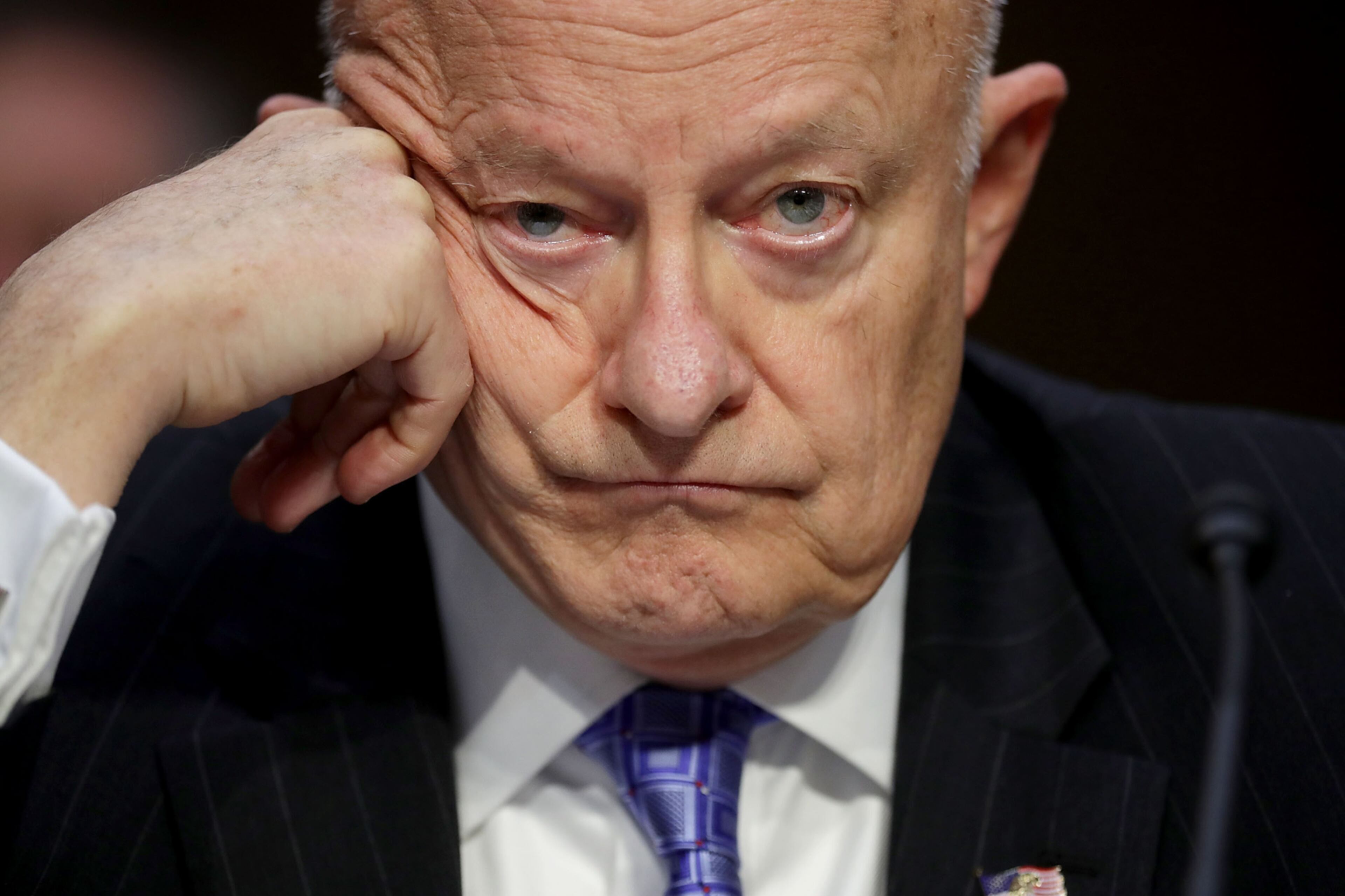 WASHINGTON, DC - MAY 08: Former Director of National Intelligence James Clapper testifies before the Senate Judicary Committee's Subcommittee on Crime and Terrorism in the Hart Senate Office Building on Capitol Hill May 8, 2017 in Washington, DC. Before being fired by U.S. President Donald Trump, former acting U.S. Attorney General Sally Yates said she had warned the White House about contacts between former National Security Advisor Michael Flynn and Russia that might make him vulnerable to blackmail. (Photo by Chip Somodevilla/Getty Images) *** BESTPIX ***
