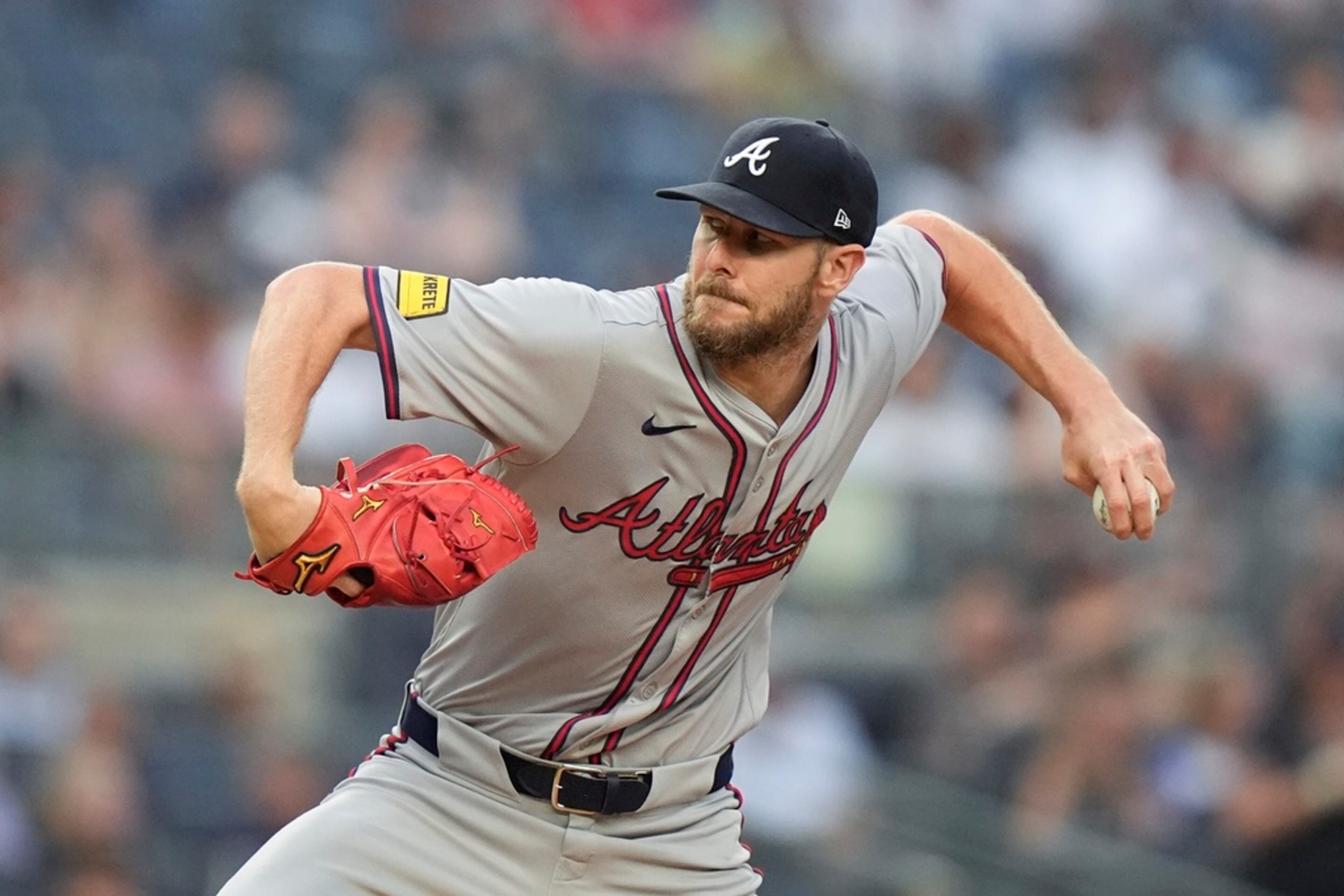 Atlanta Braves' Chris Sale pitches to a New York Yankees batter during the first inning of a baseball game Friday, June 21, 2024, in New York. (AP Photo/Frank Franklin II)