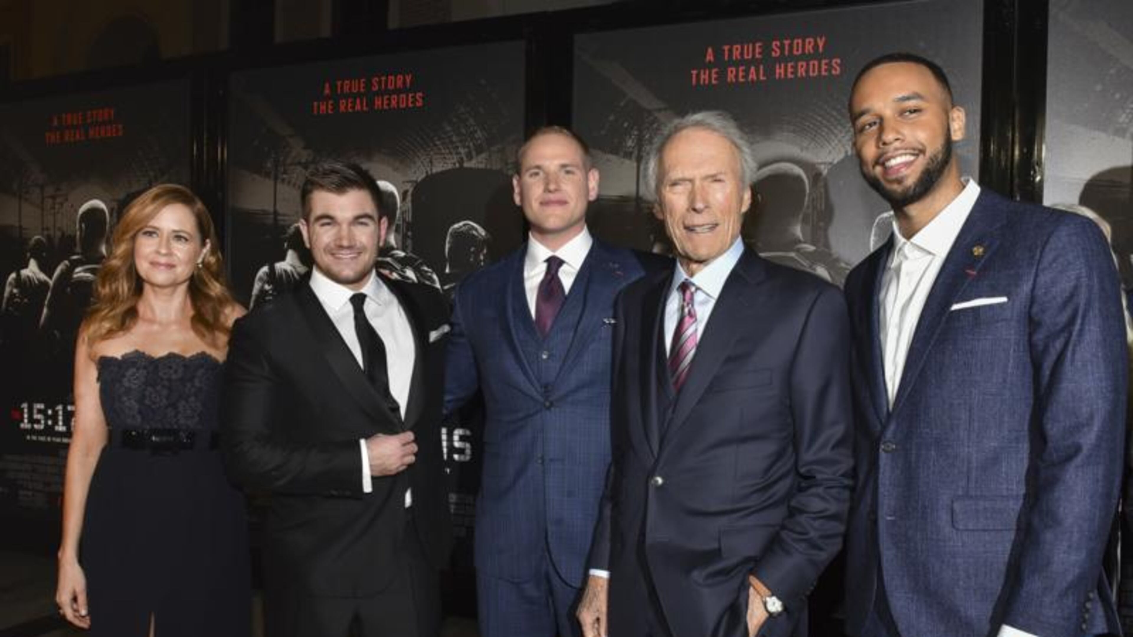 Jenna Fischer, Alek Skarlatos, Spencer Stone, Clint Eastwood and Anthony Sadler at the Burbank, Calif. premiere of “The 15:17 to Paris.” Photo by Rodin Eckenroth/Getty Images